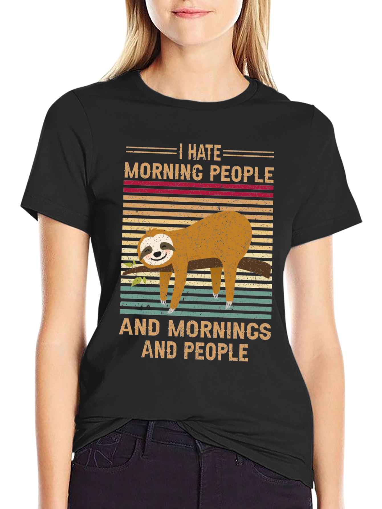 Black I Hate Morning People Sloth T-Shirt view 2