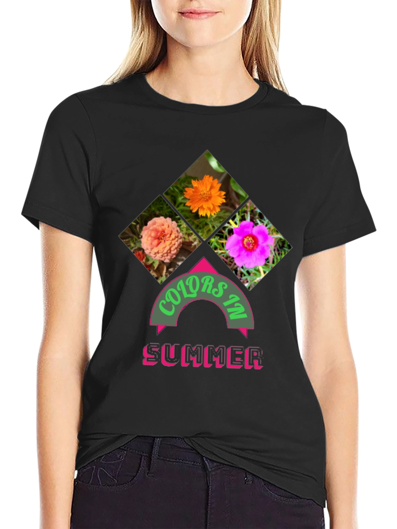 Black Colors in Summer Graphic Tee - Trendy Floral Design view 2