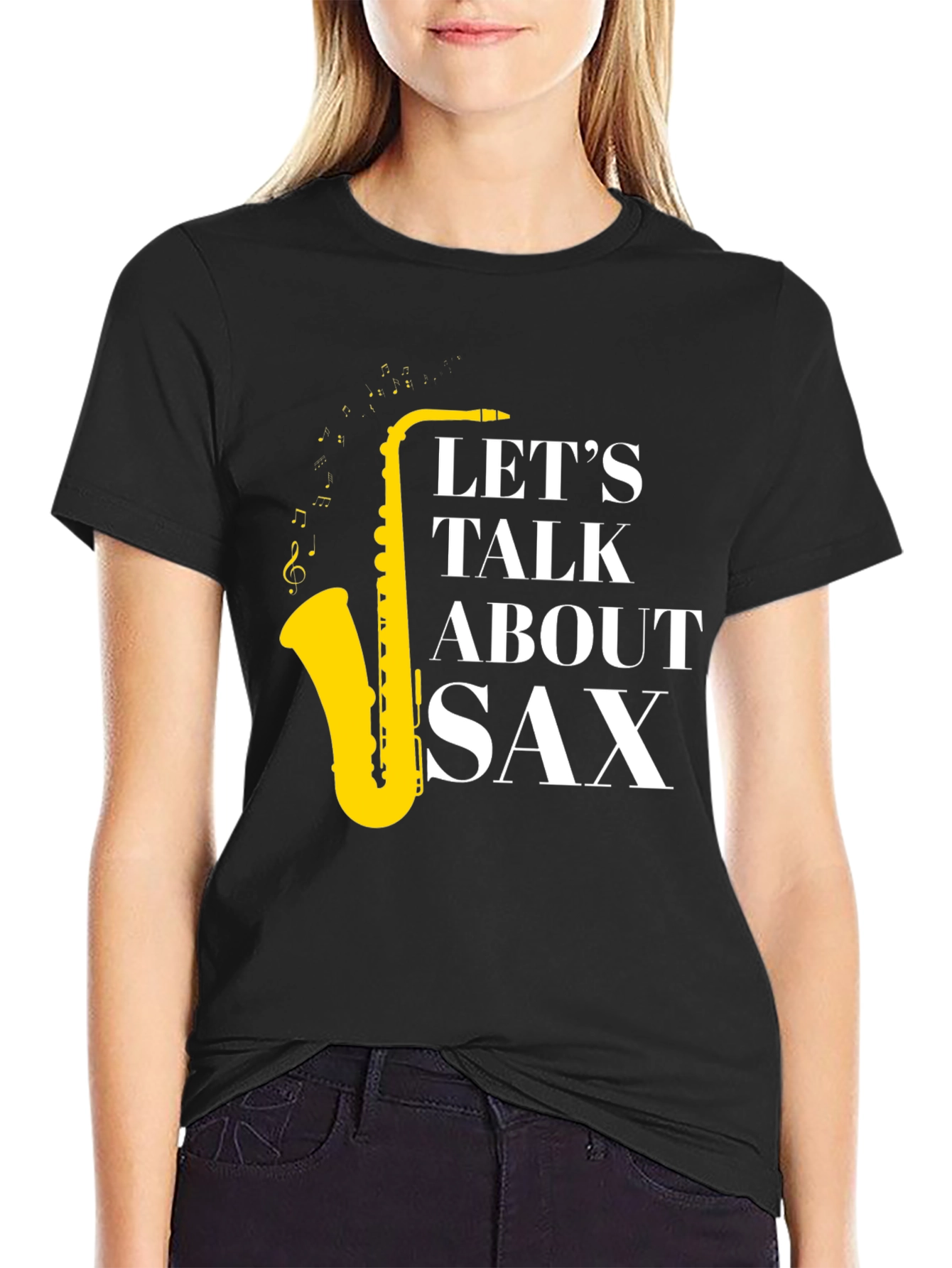 Black Let's Talk About Sax T-Shirt - Musician Apparel view 2
