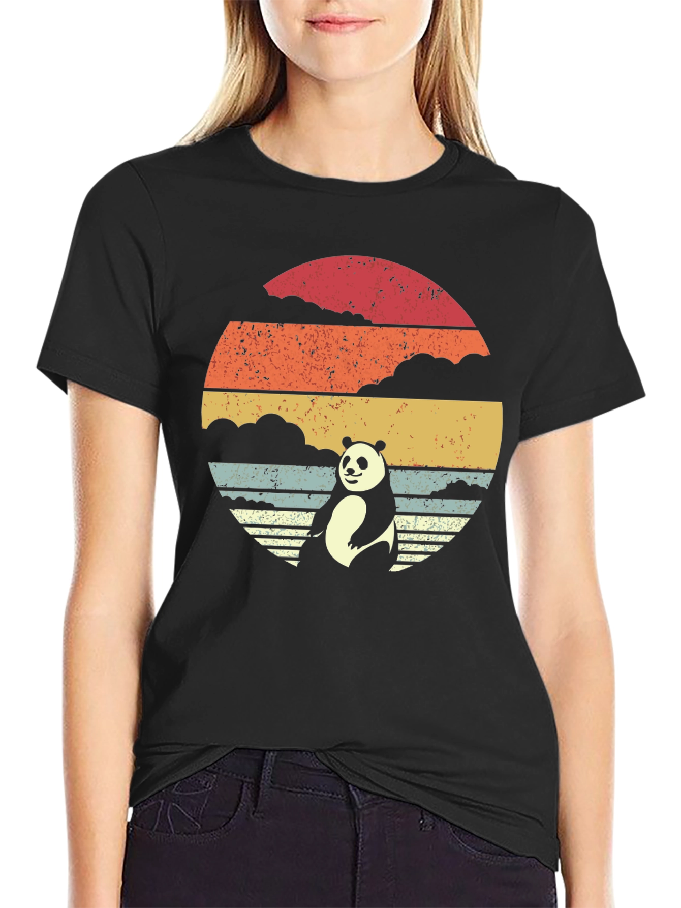 Black Panda Sunset Graphic Tee - Retro Style Black T-Shirt view 2