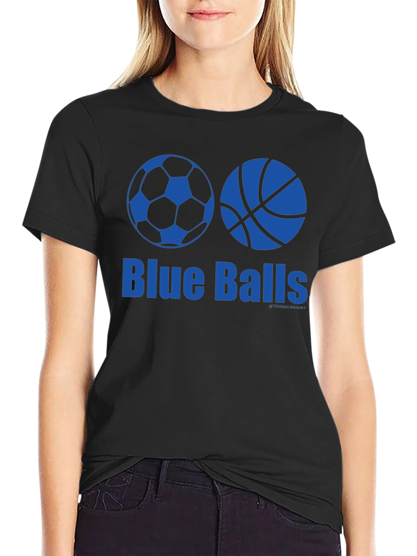 Black Blue Balls Graphic T-Shirt - Soccer & Basketball Design view 2