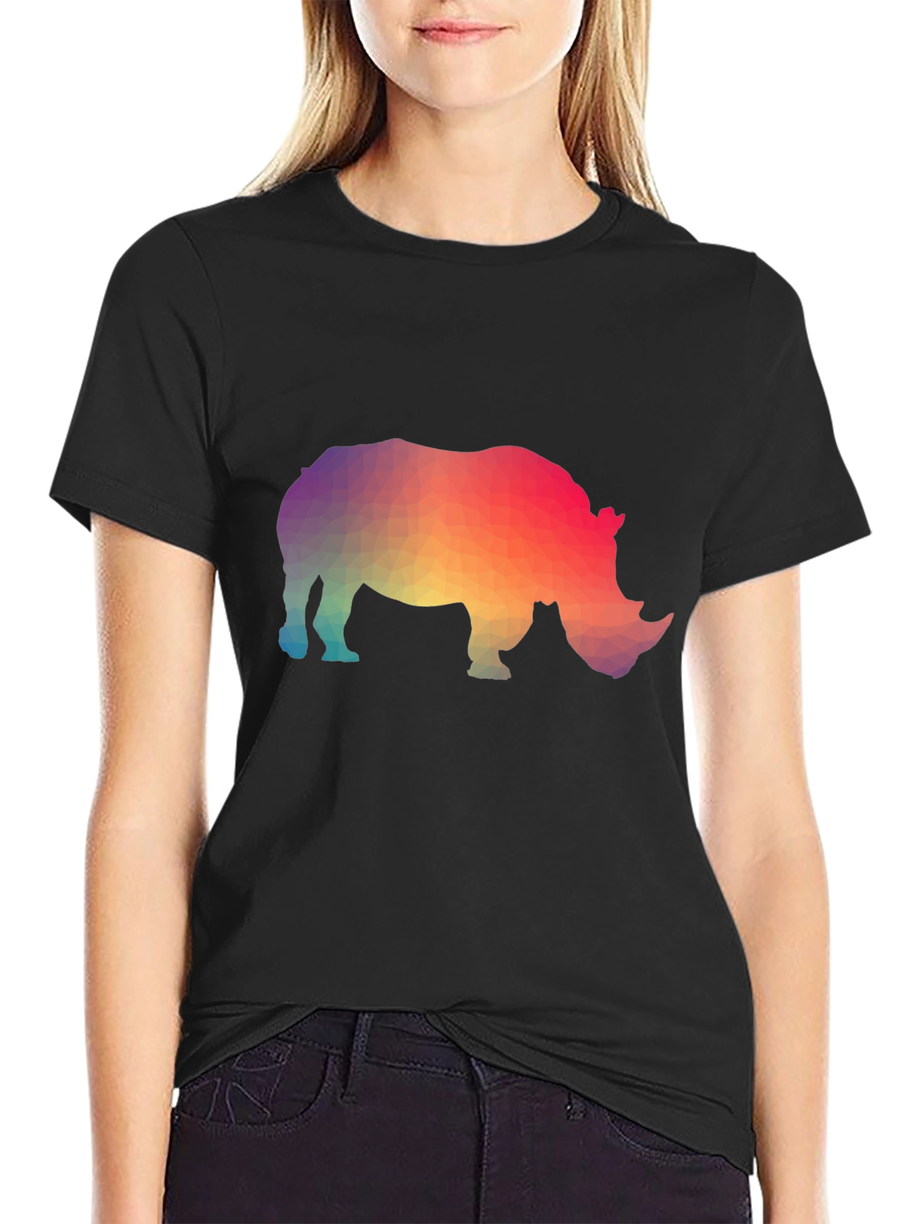 Black Geometric Rhino Graphic T-Shirt - Trendy Animal Tee view 2