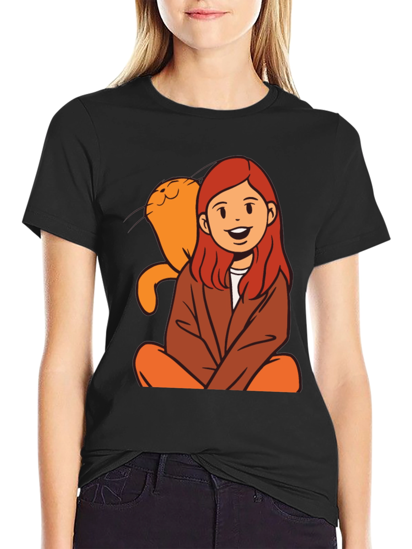 Black Cartoon Girl & Cat Graphic Black T-Shirt view 2