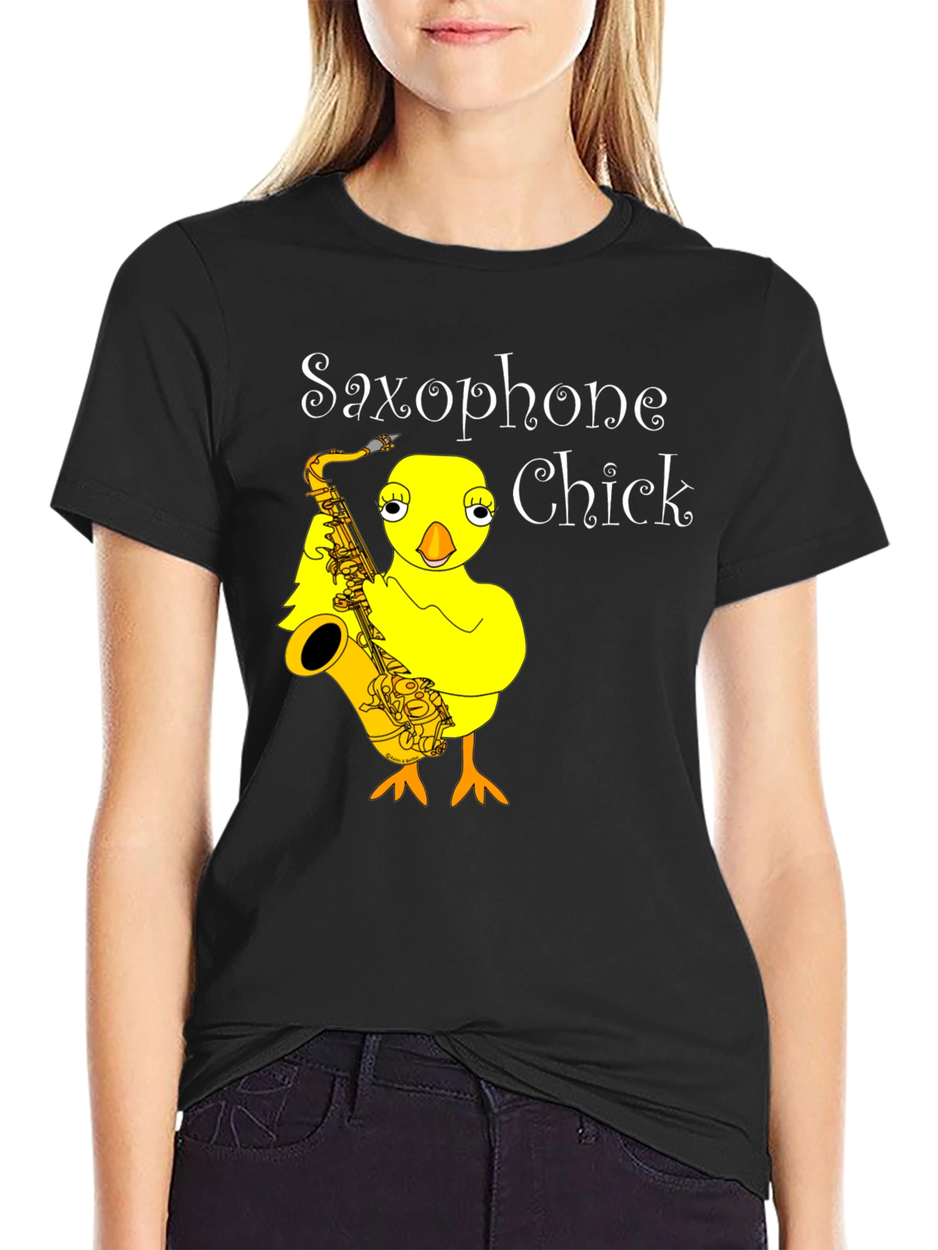 Black Saxophone Chick Graphic Tee - Unisex Black T-Shirt view 2