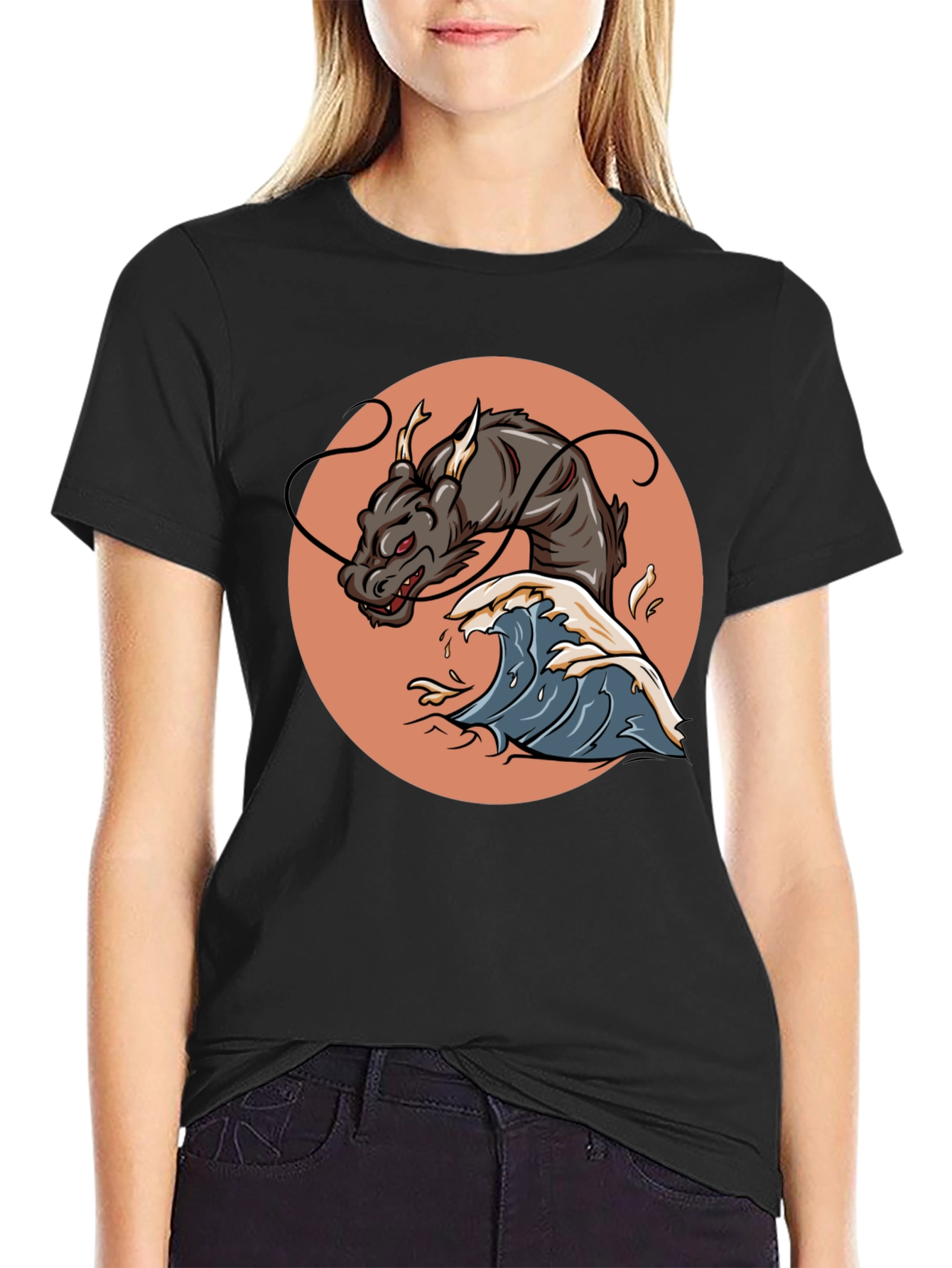 Black Dragon Wave Graphic Tee - Black Cotton Blend view 2