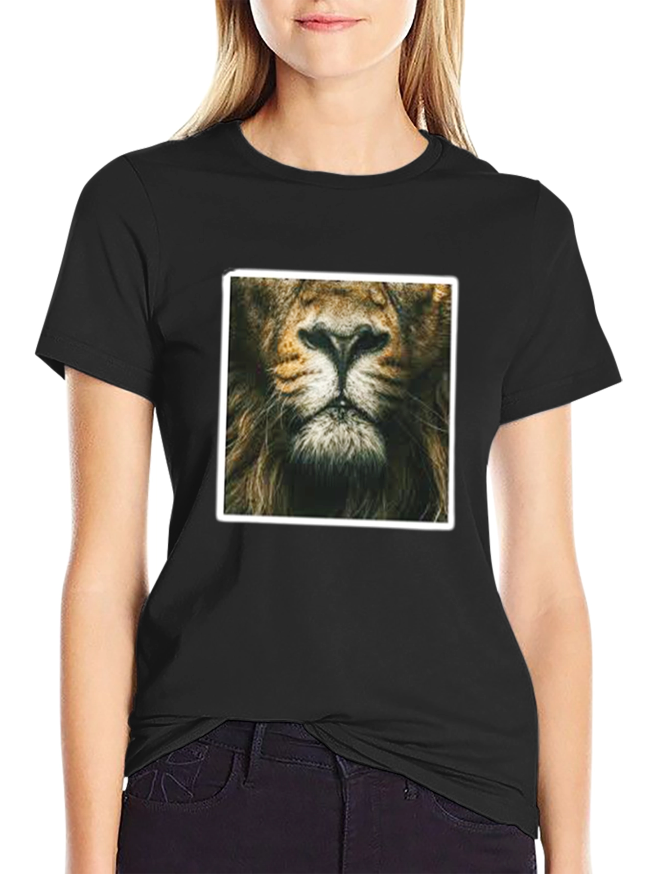 Black Lion Face Graphic Print Black T-Shirt view 2