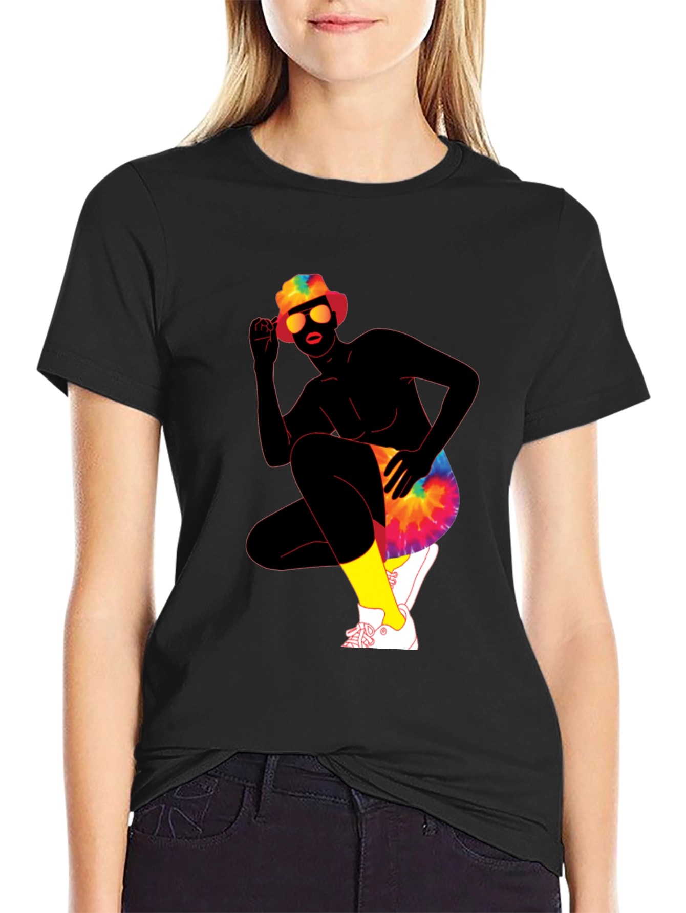 Black Retro Tie-Dye Graphic Print Crew Neck Tee view 2