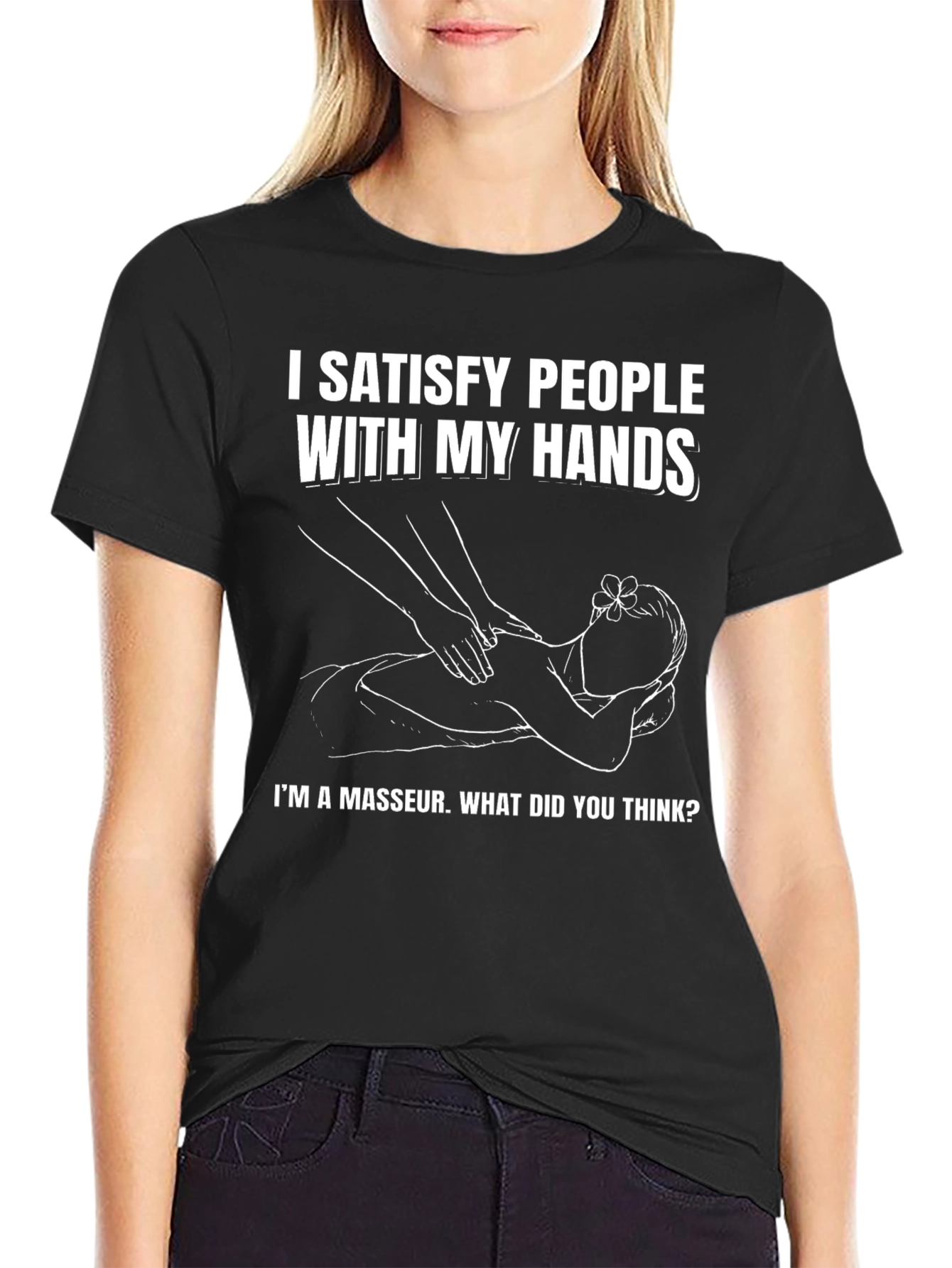 Black Funny Masseur T-Shirt - I Satisfy People With My Hands view 2