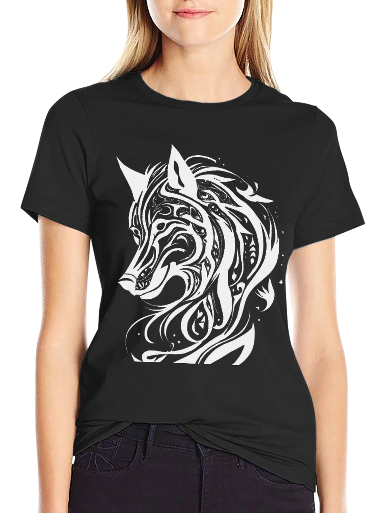 Black Tribal Wolf Graphic Tee - Black view 2