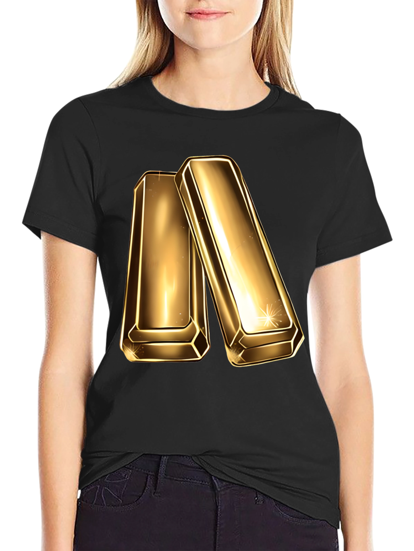 Black Gold Bar Graphic Tee - Shiny Ingot Design T-Shirt view 2