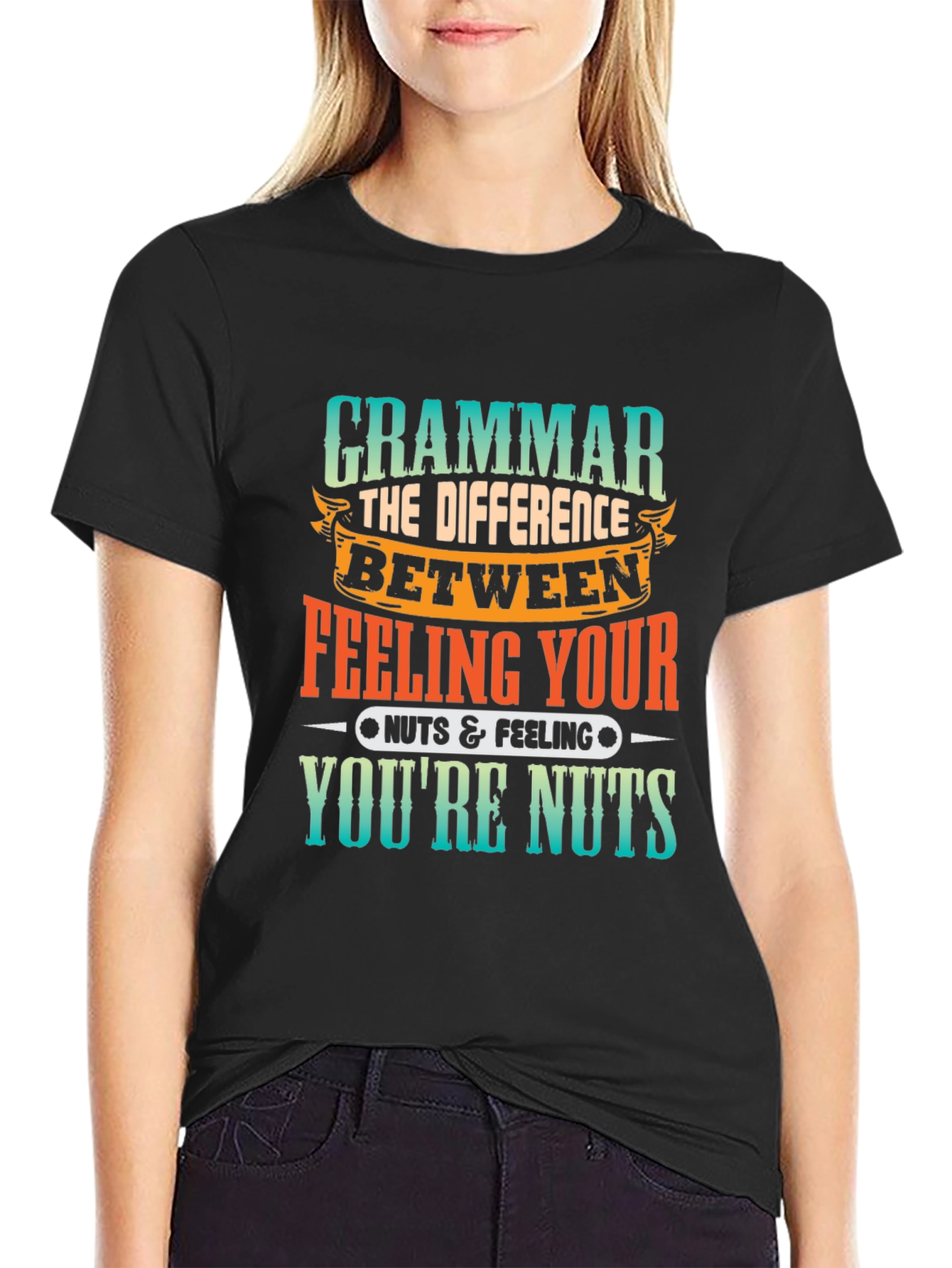Black Funny Grammar Your/You're Nuts Black T-Shirt view 2