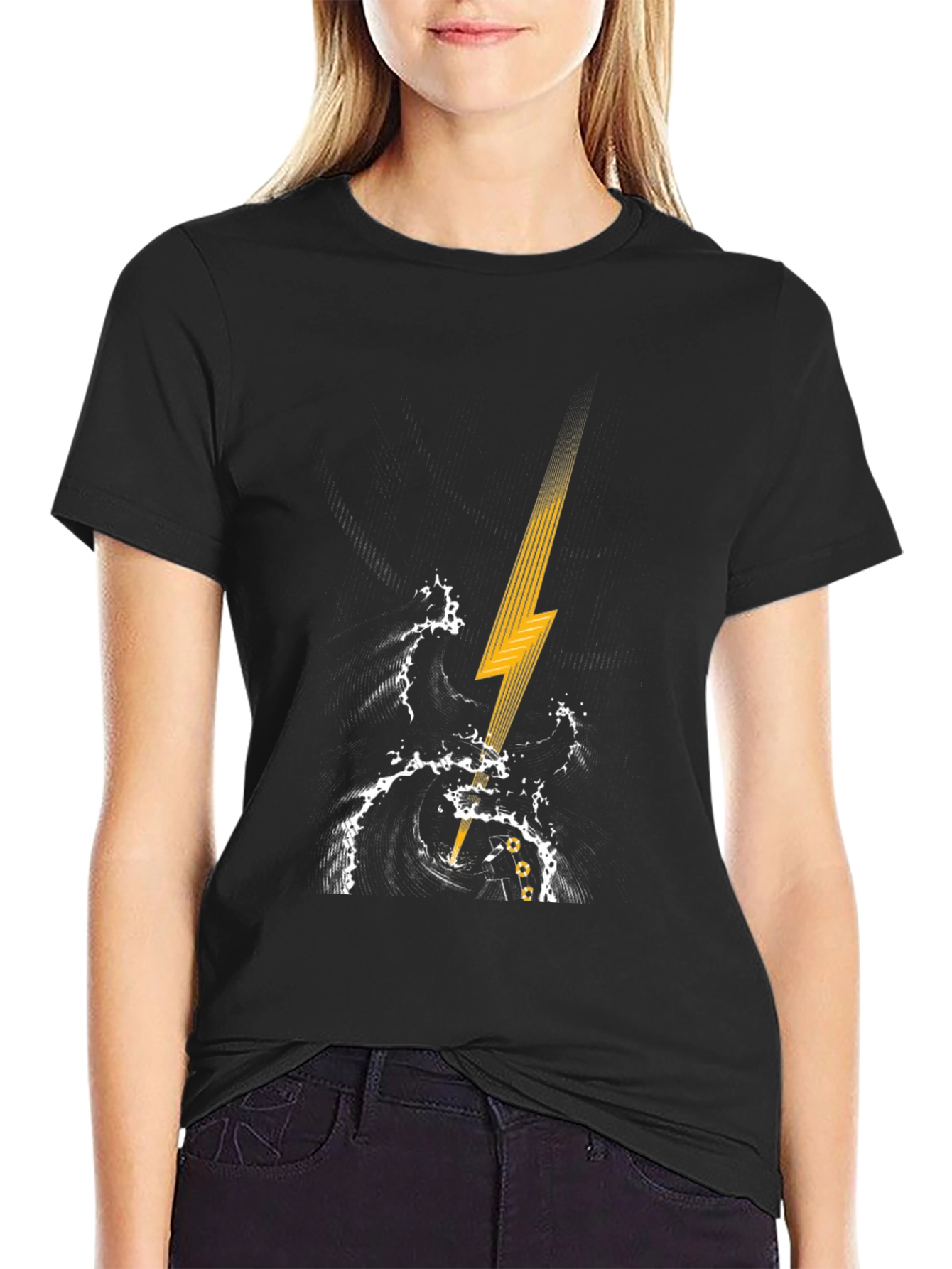 Black Black T-Shirt with Lightning Strike Graphic view 2