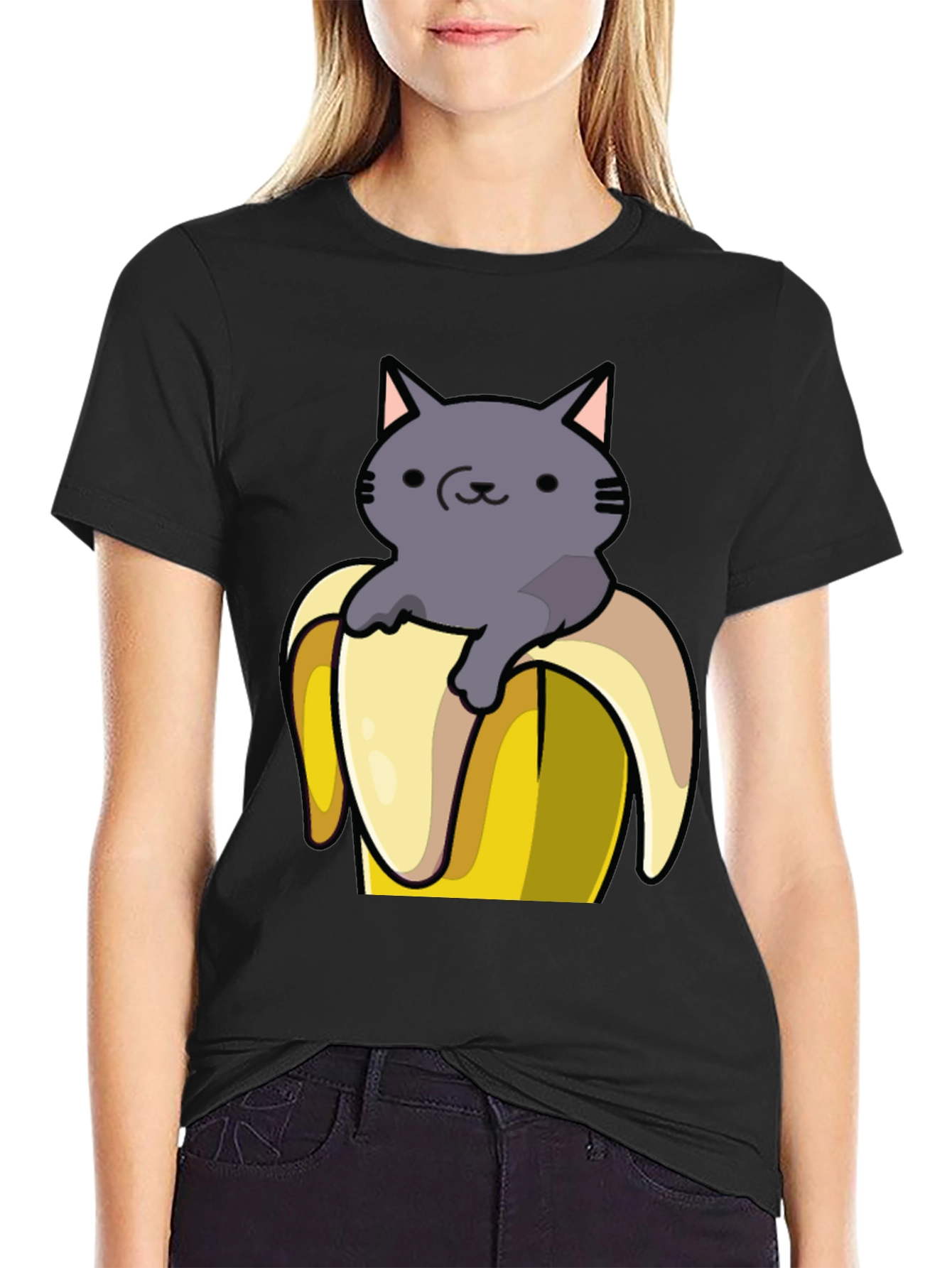 Black Cat in Banana T-Shirt - Funny Graphic Tee view 2