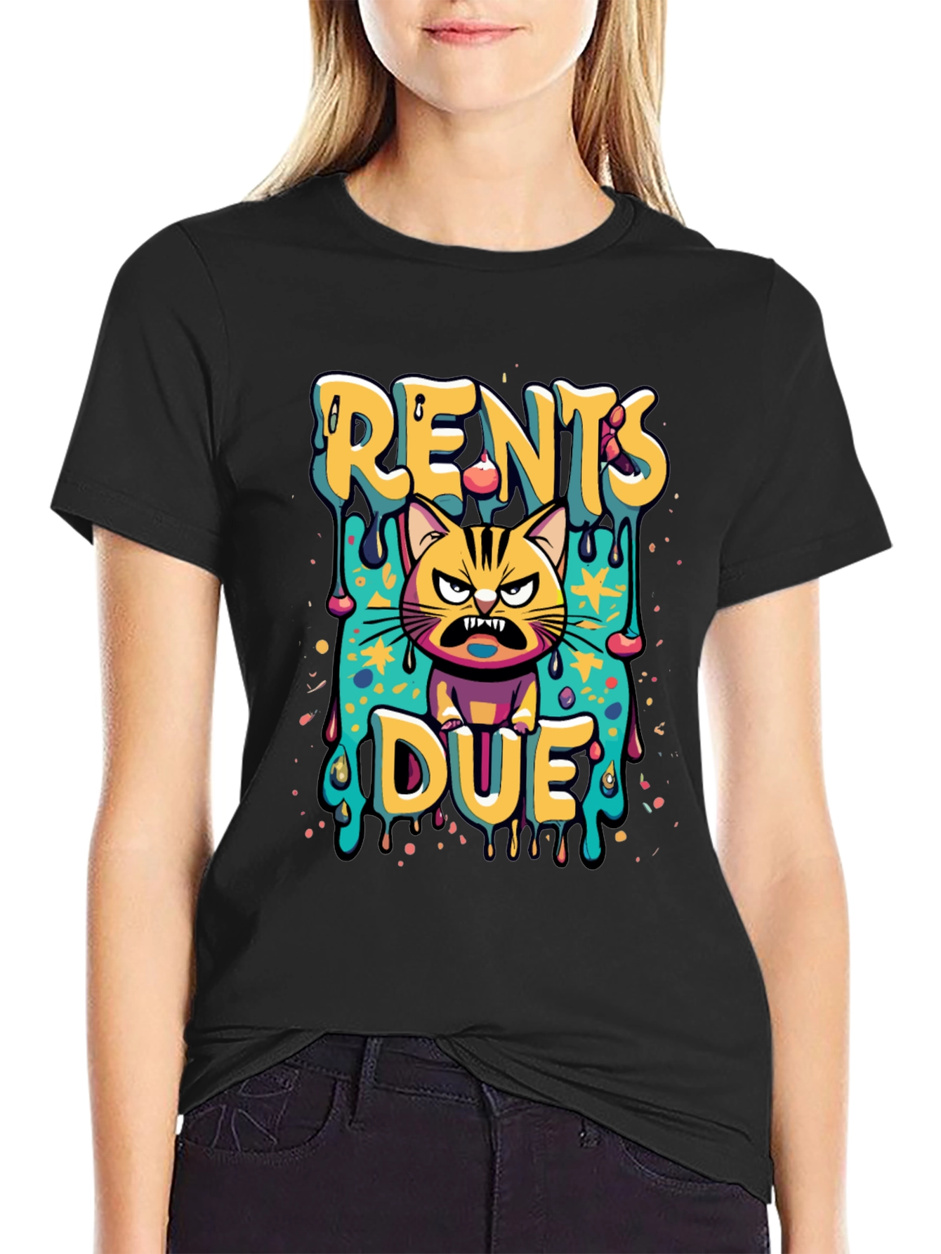 Black Rents Due Angry Cat Graphic Black T-Shirt view 2