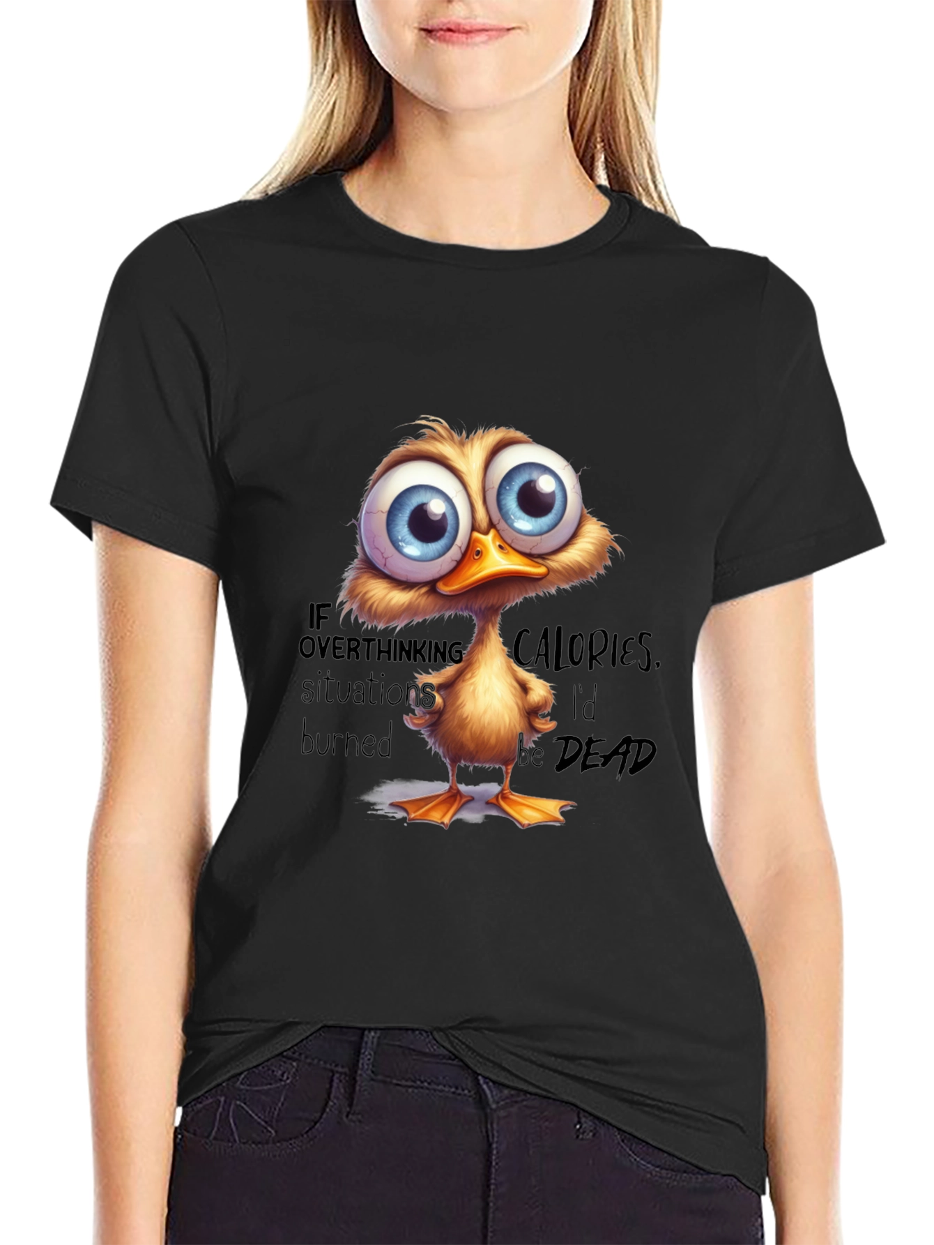 Black Funny Duck T-Shirt: If Overthinking Burned Calories view 2