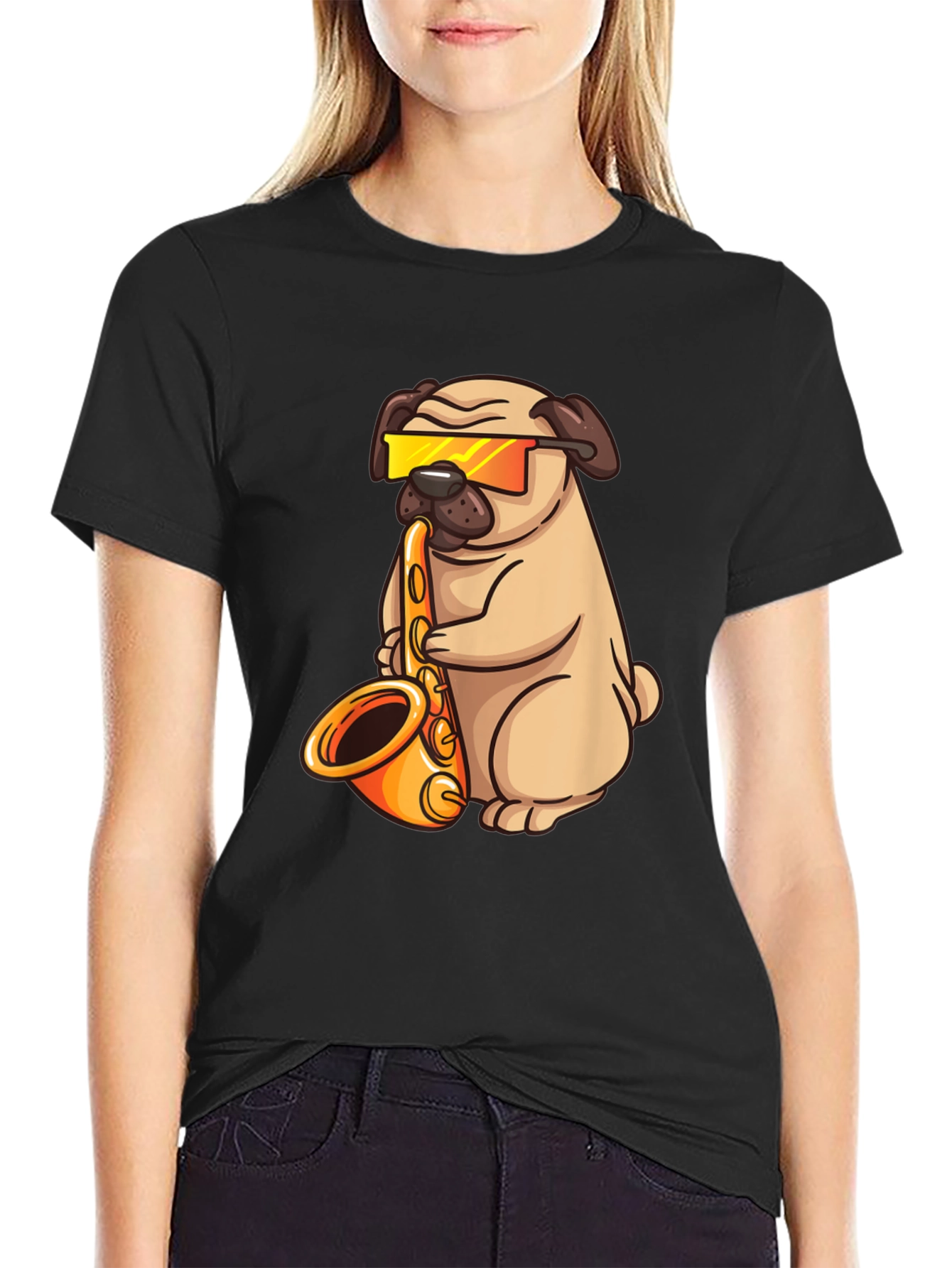 Black Saxophone Pug T-Shirt - Cool Dog Graphic Tee view 2