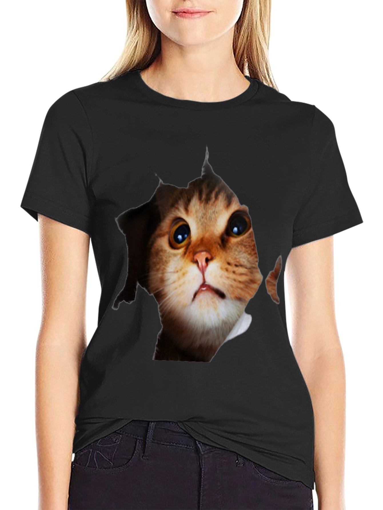 Black 3D Cat Peeking Out Black T-Shirt view 2