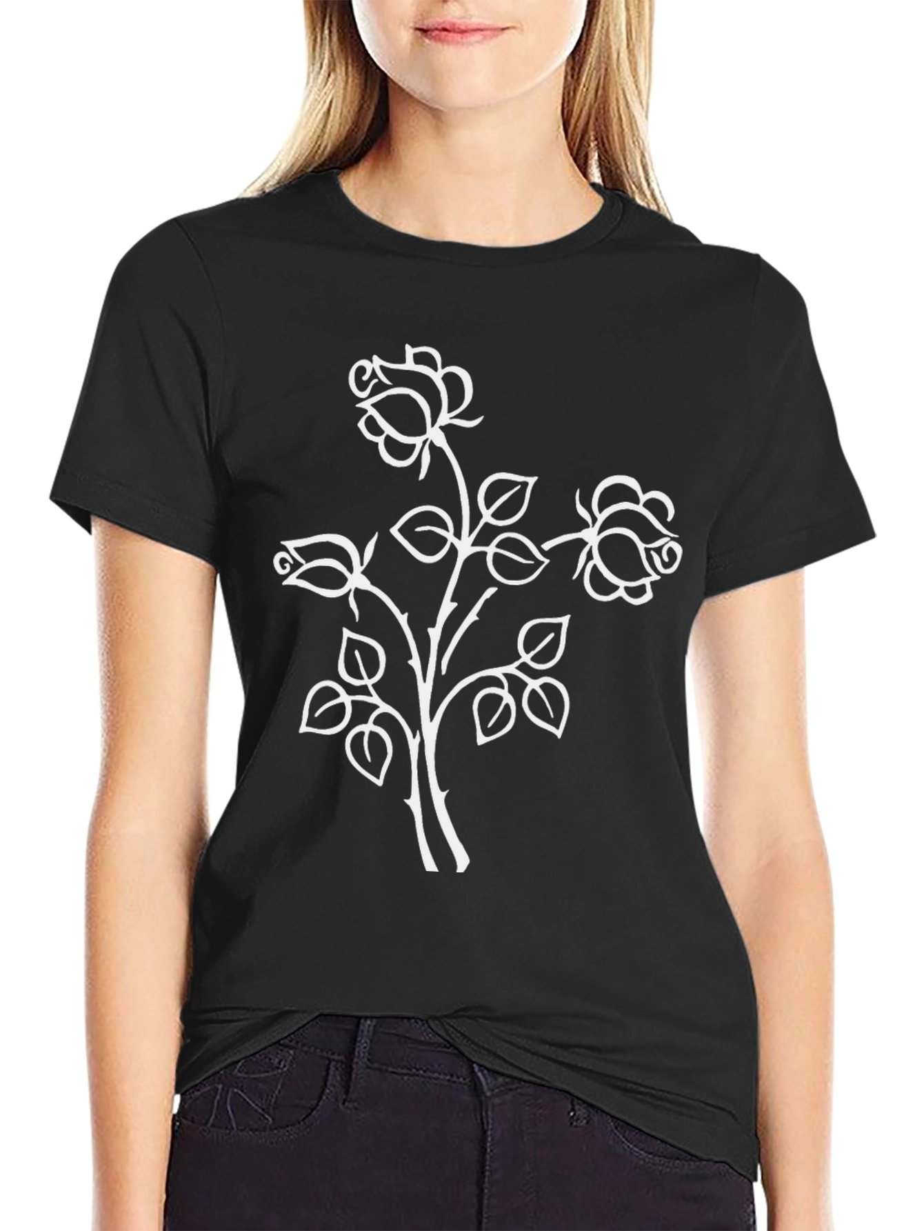 Black Black Rose T-Shirt: Floral Botanical Design view 2
