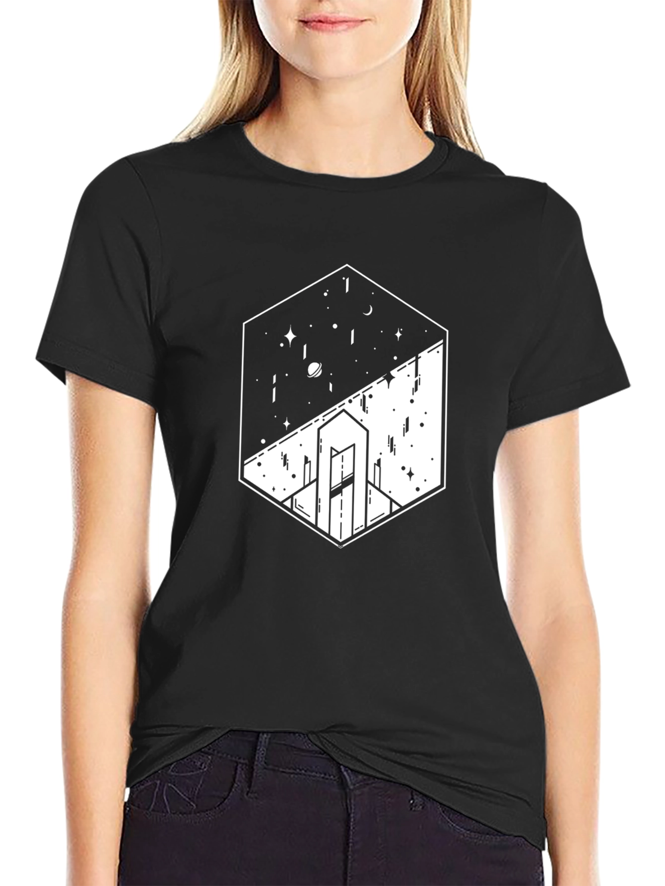 Black Geometric Space & Cityscape Black Graphic Tee view 2