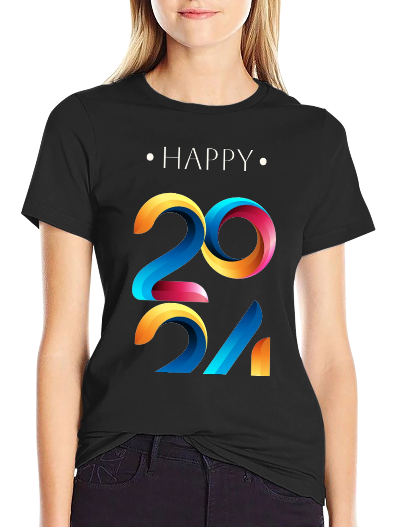 Black Happy 2024 Graphic Print Black T-Shirt view 2