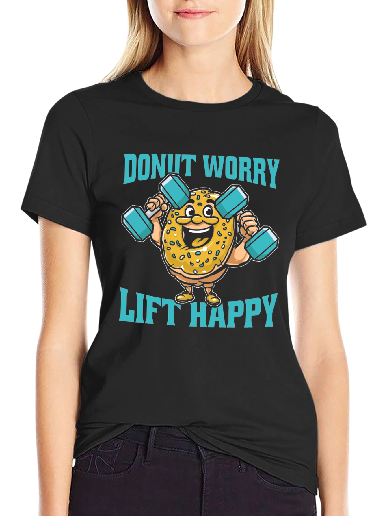 Black Donut Worry Lift Happy Black Graphic T-Shirt view 2