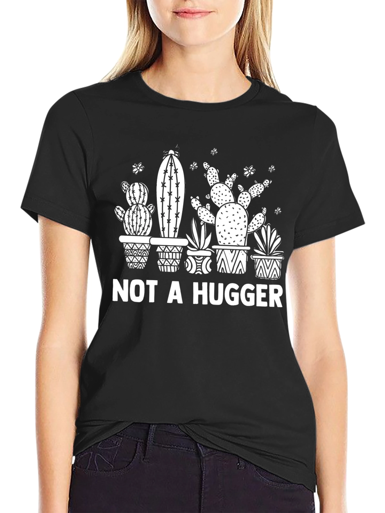 Black Not a Hugger Cactus Graphic T-Shirt view 2