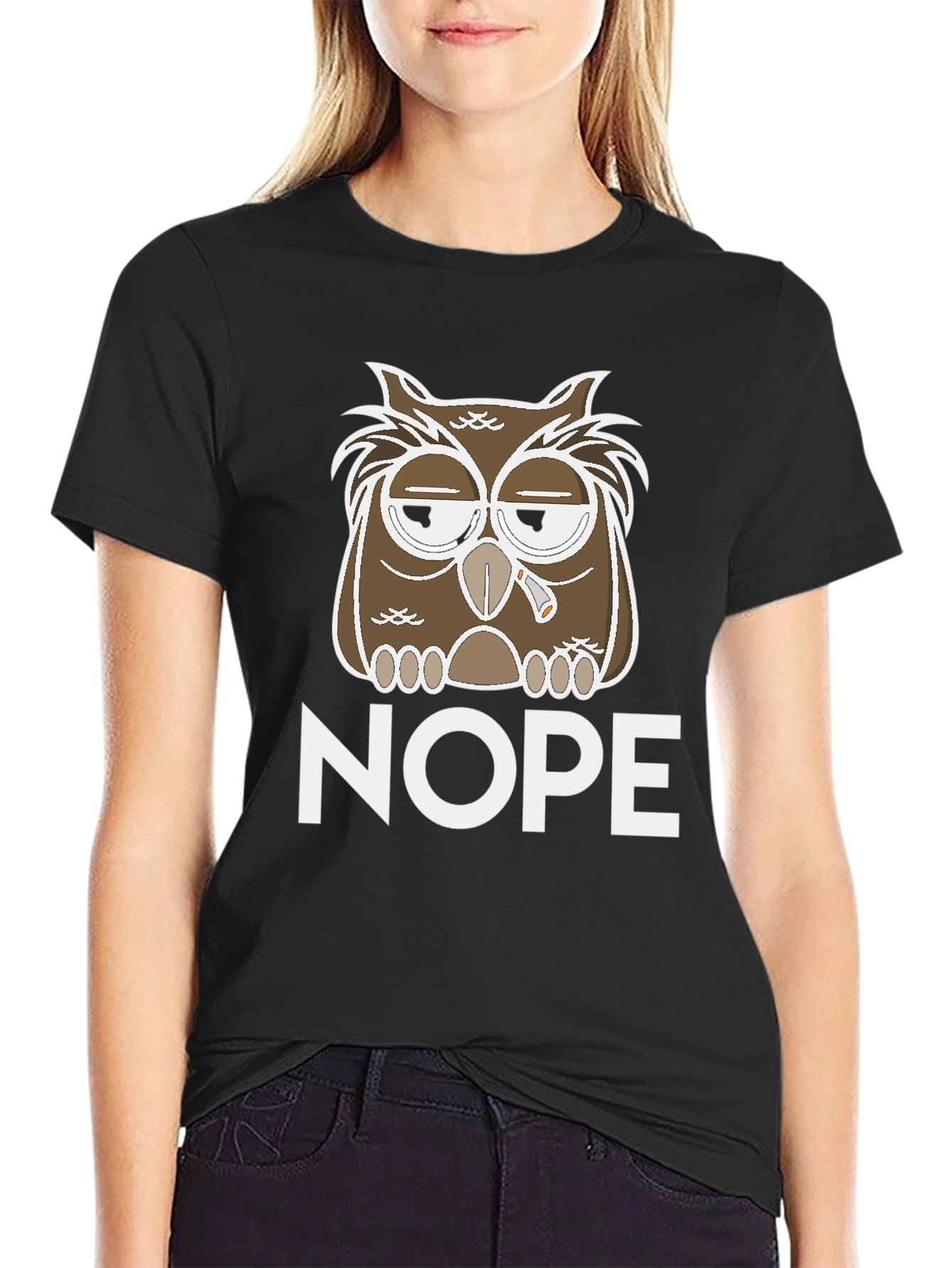Black Nope Owl Graphic Tee - Funny Casual T-Shirt view 2