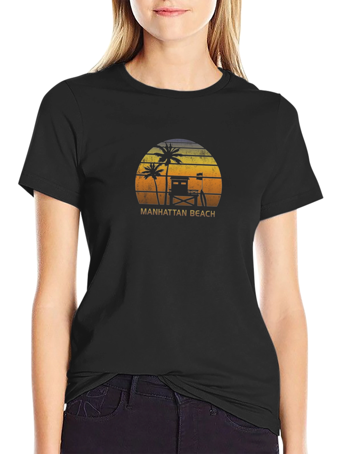 Black Manhattan Beach Retro Sunset Black T-Shirt view 2