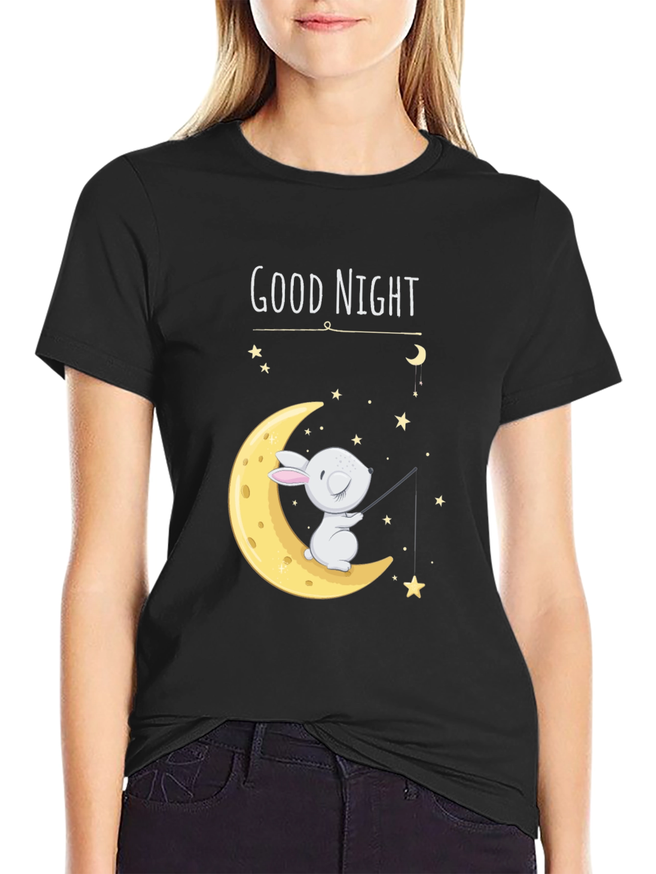 Black Good Night Moon Bunny Graphic Tee view 2