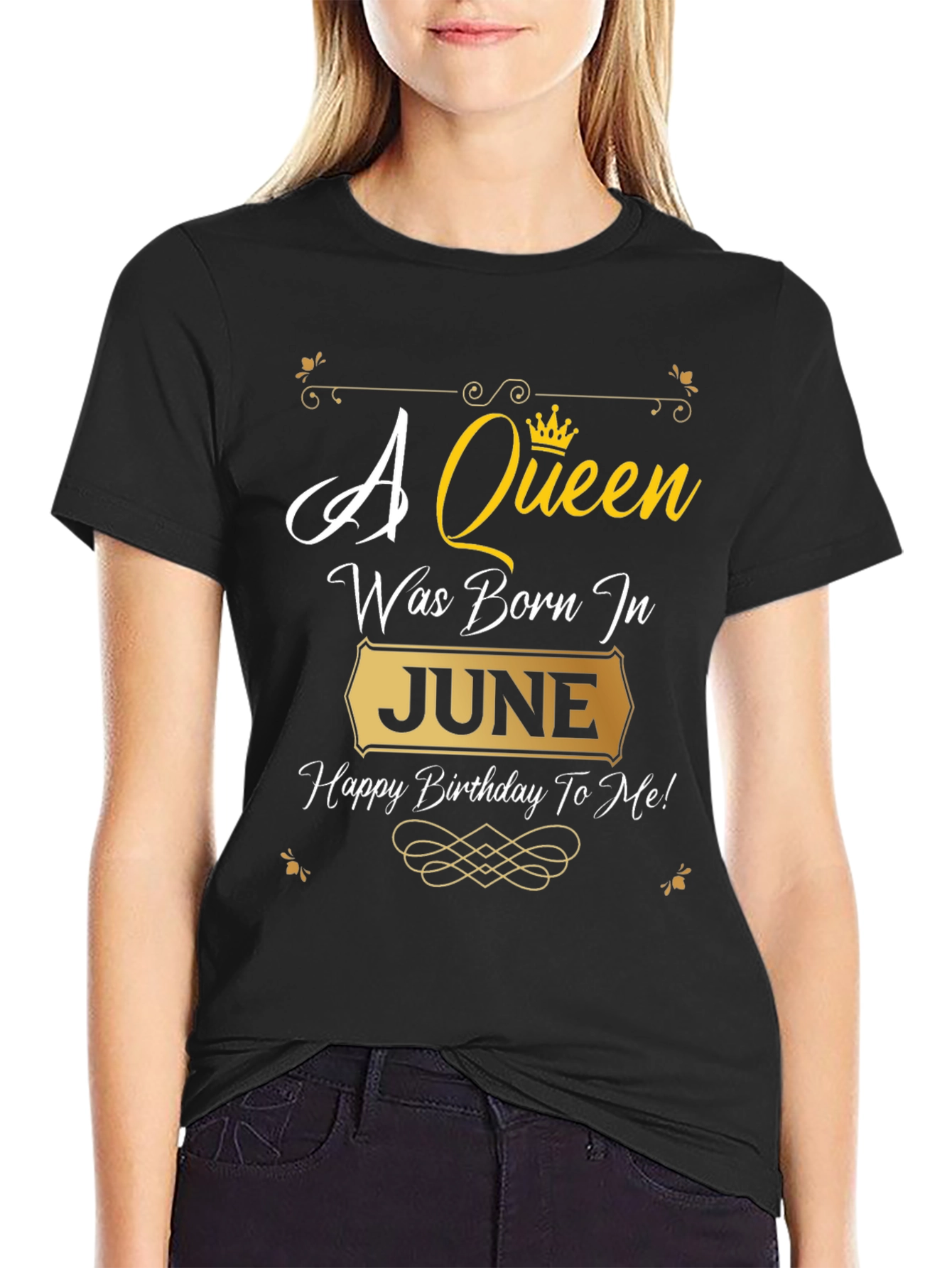 Black A Queen Was Born In June Birthday T-Shirt view 2