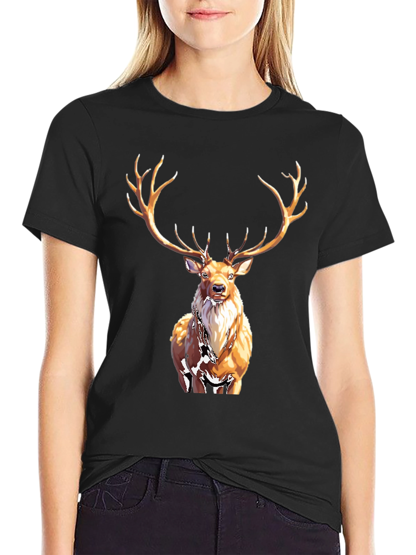 Black Majestic Deer Graphic Tee - Black Cotton T-Shirt view 2
