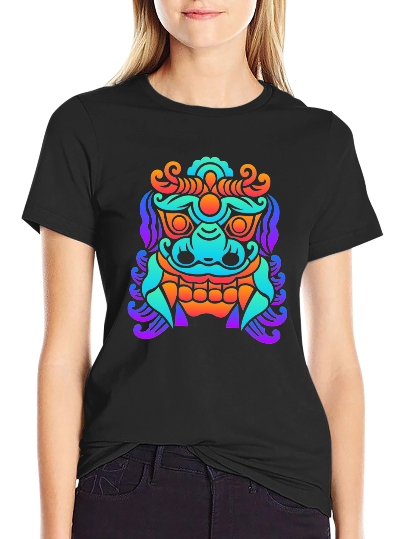 Black Colorful Graphic Tee - Asian Dragon Print view 2