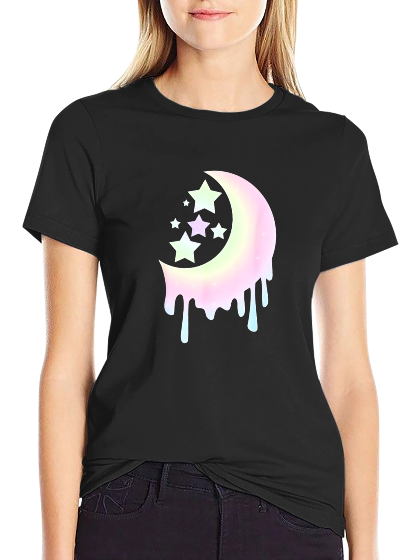 Black Moon Stars Drip Graphic Tee - Black Cotton Blend T-Shirt view 2
