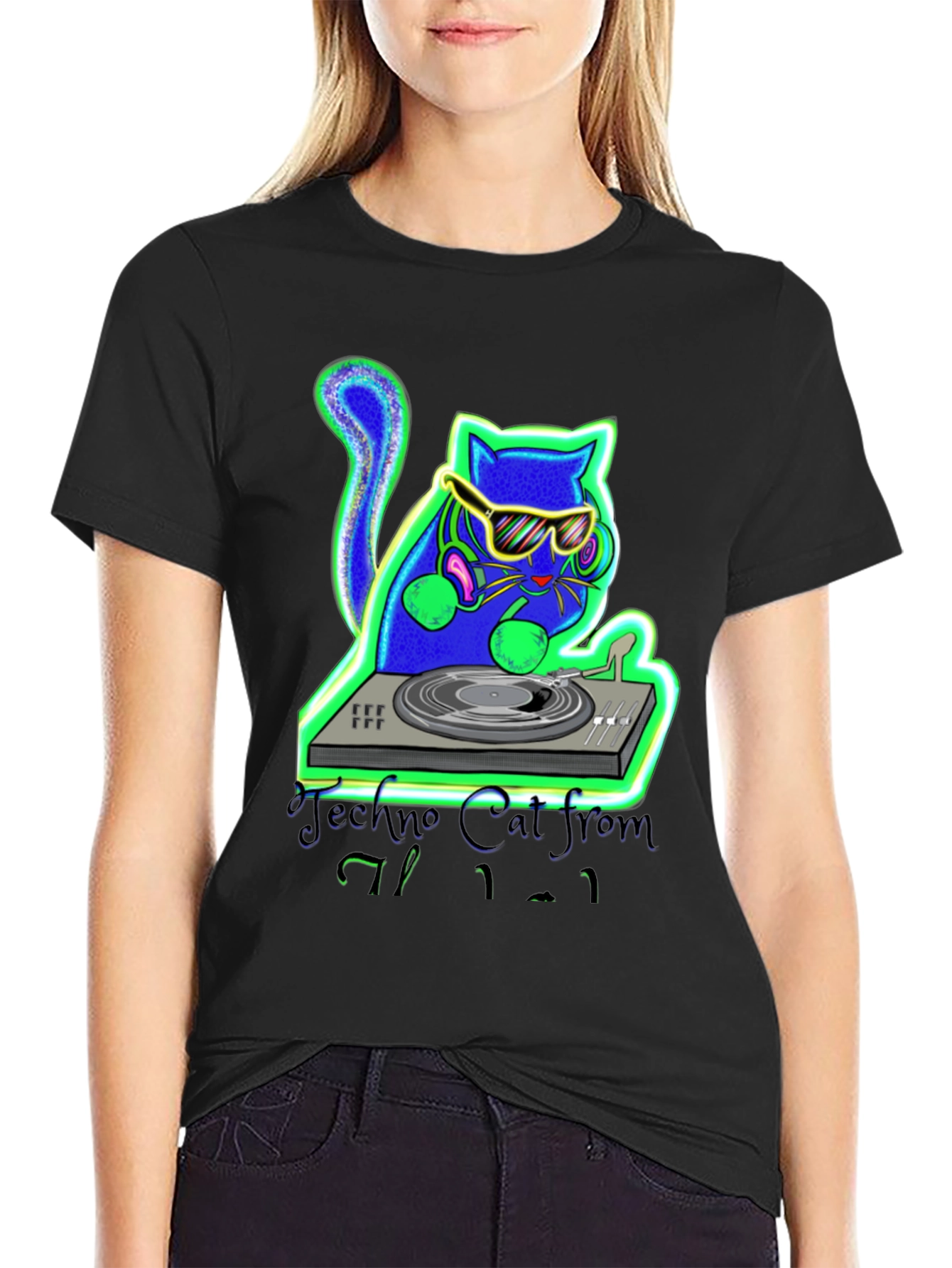 Black Techno Cat DJ Graphic T-Shirt view 2