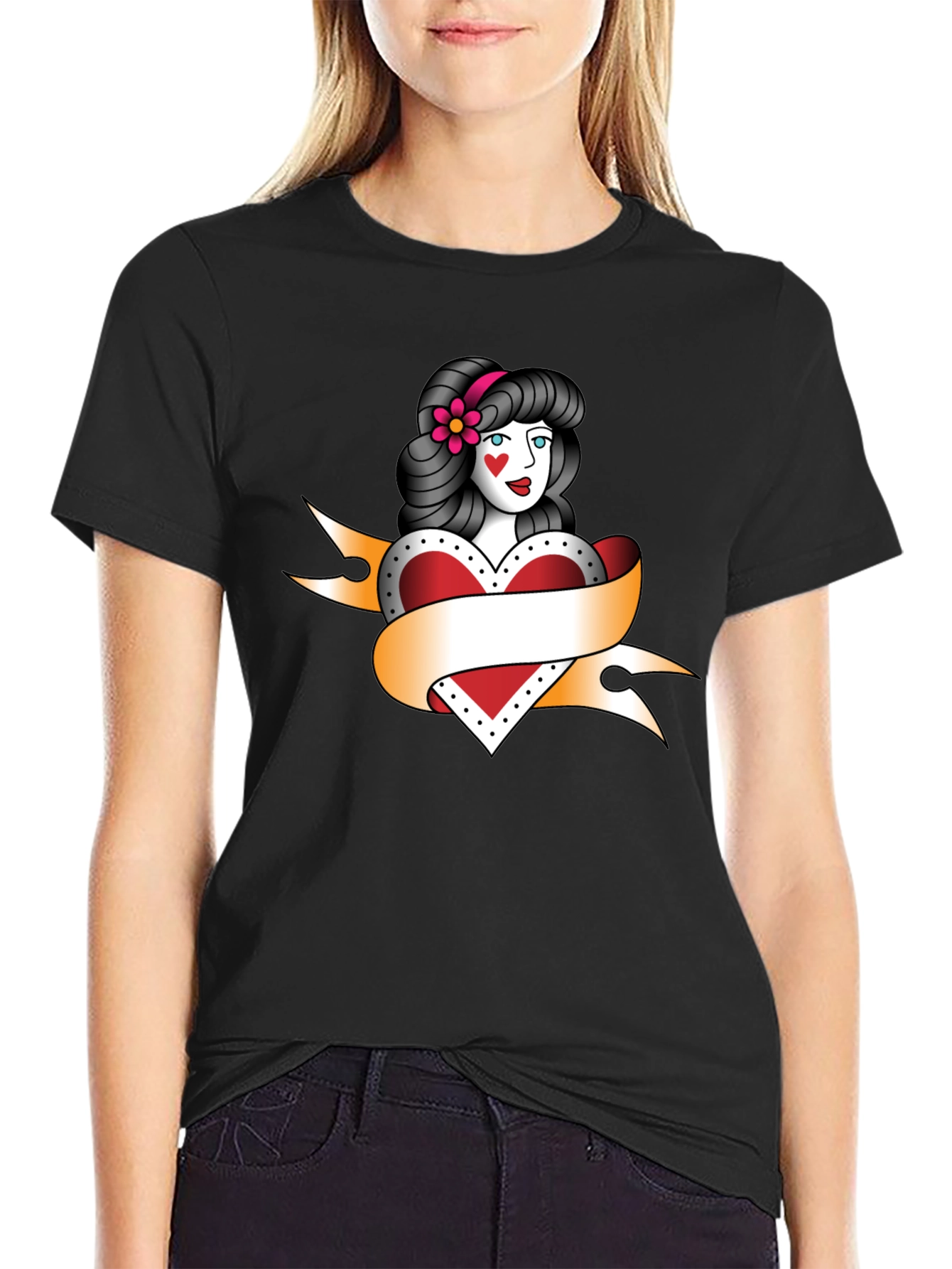 Black Vintage Tattoo Style Heart Woman Black T-Shirt view 2