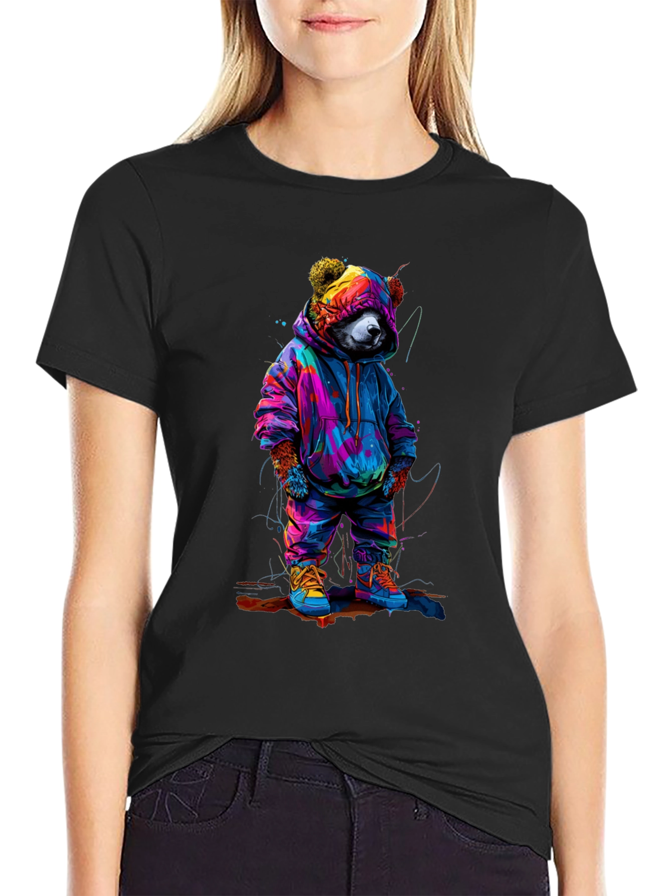 Black Cool Bear Graphic Tee - Trendy Streetwear view 2