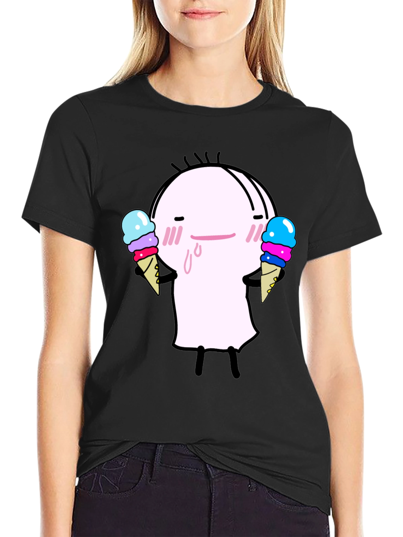 Black Cute Ice Cream Character Black T-Shirt view 2