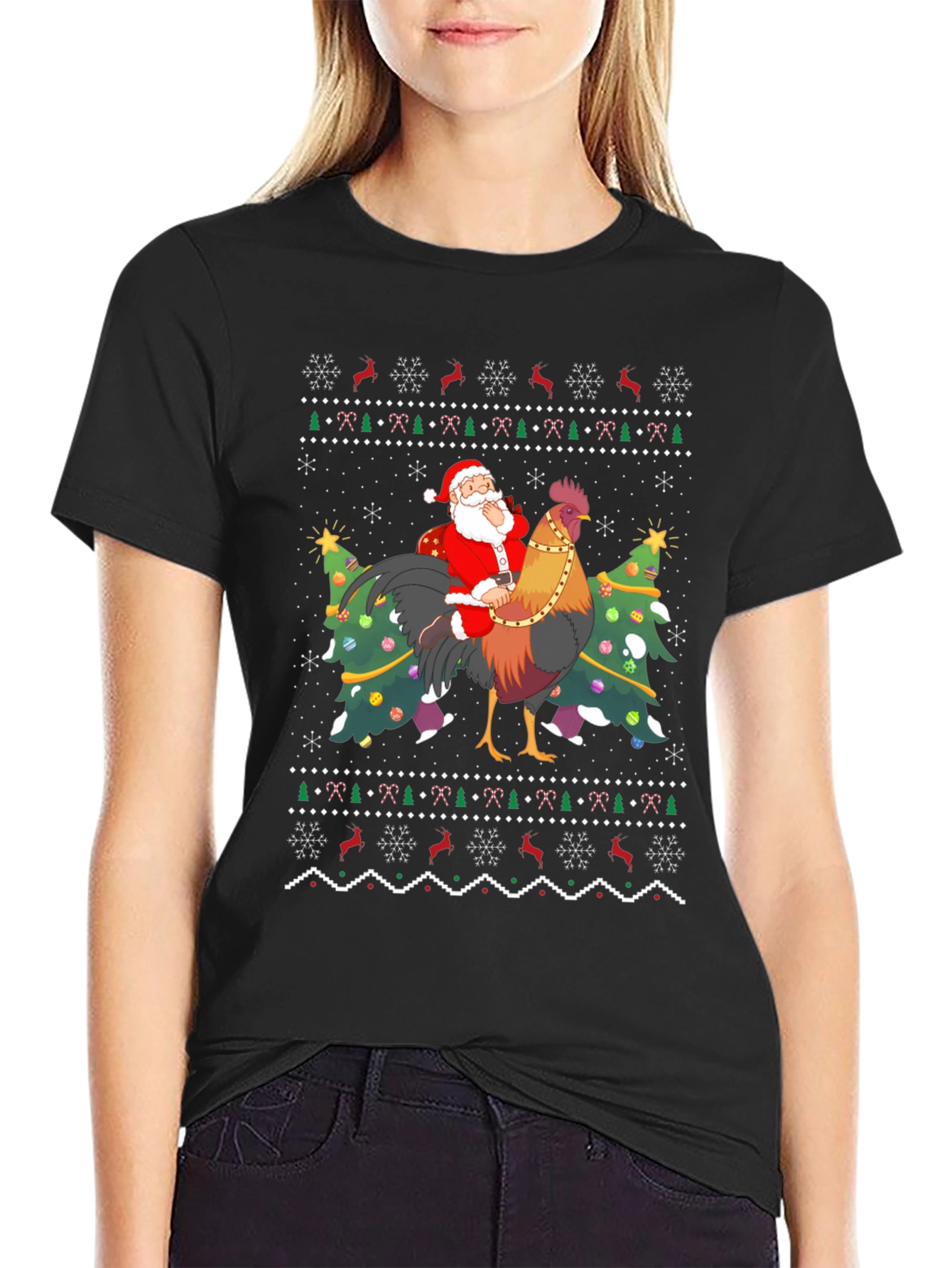 Santa Riding Rooster Ugly Christmas T-Shirt - 2
