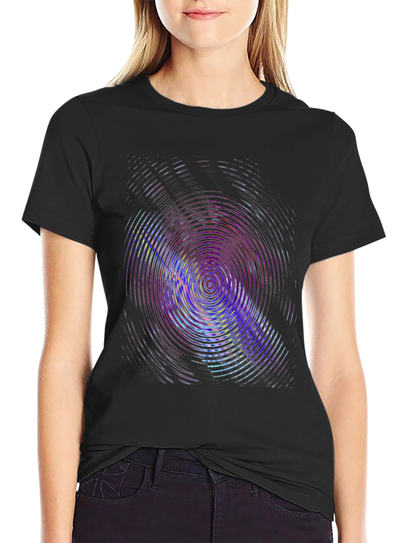 Black Vibrant Ripple Effect Black T-Shirt view 2
