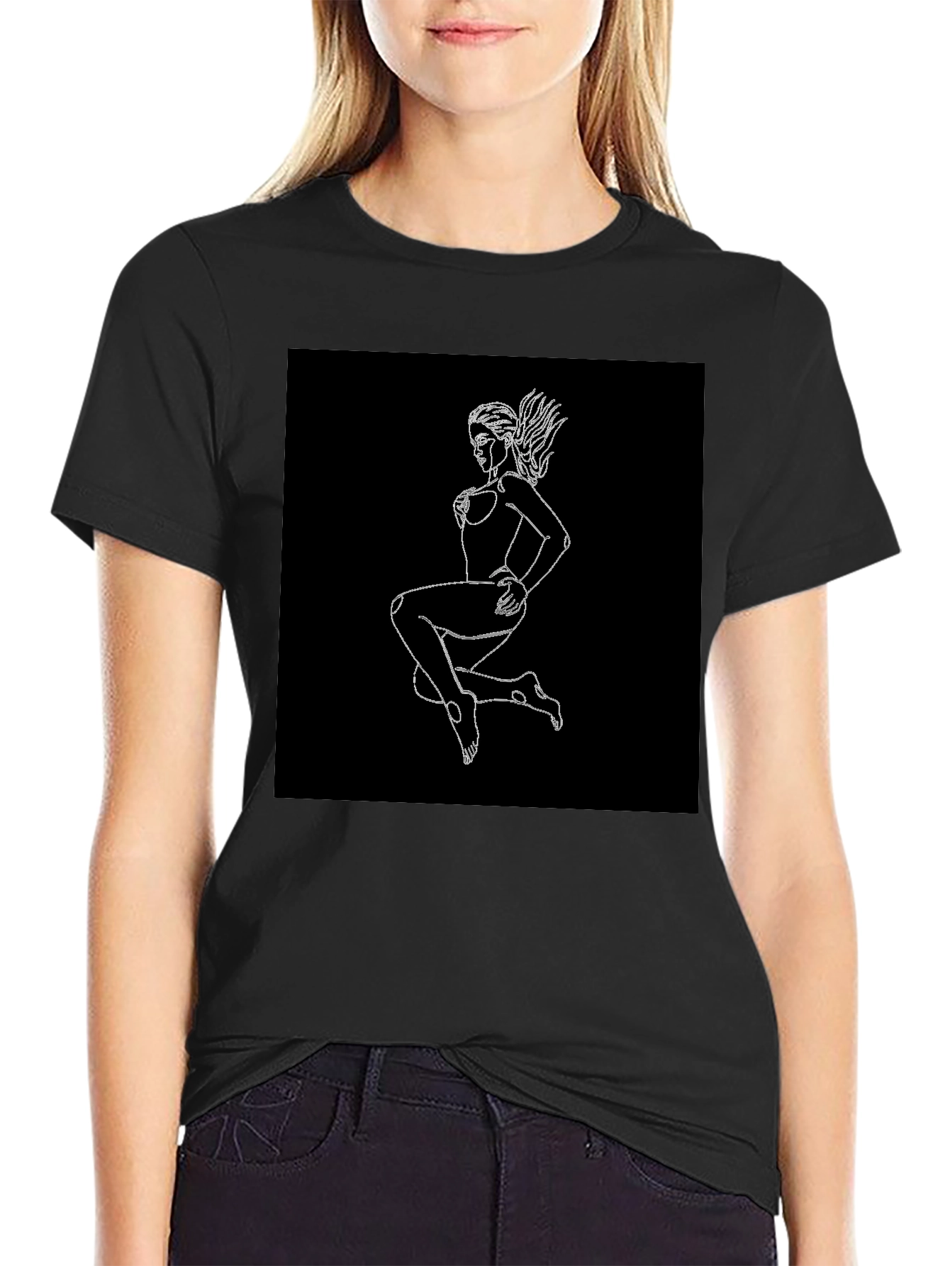 Black Black T-Shirt with Graphic Print - Woman Outline view 2