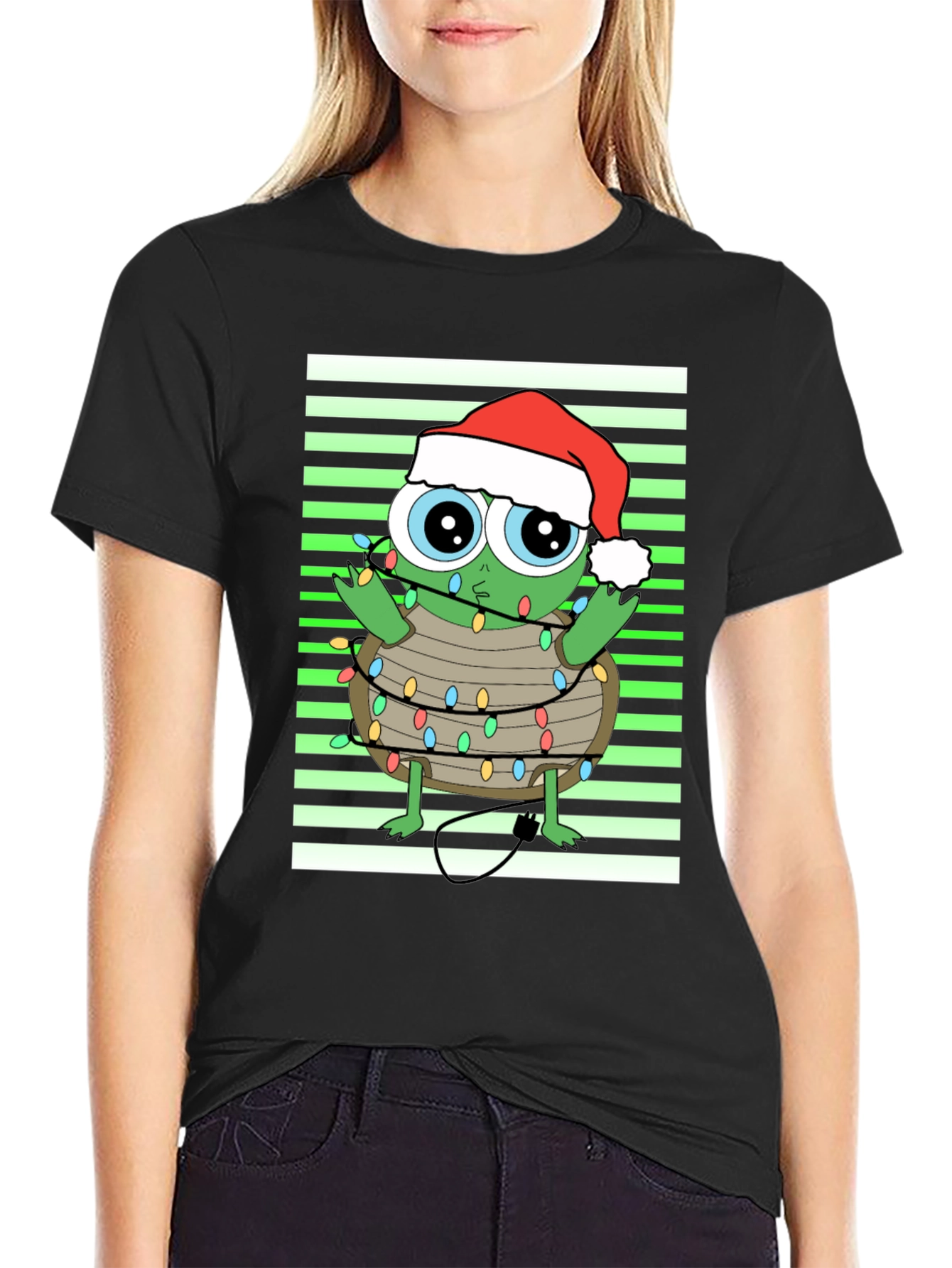 Black Christmas Turtle in Lights Graphic Tee view 2
