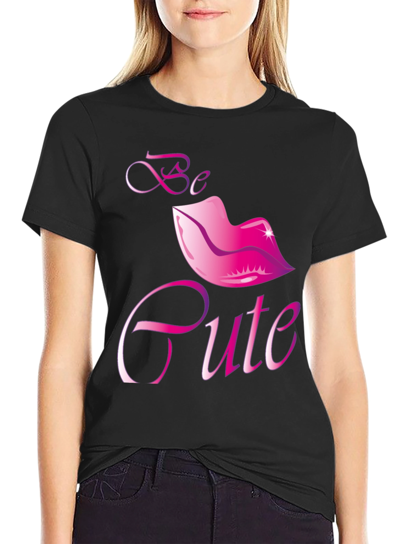 Black Be Cute Lips Graphic Black T-Shirt view 2