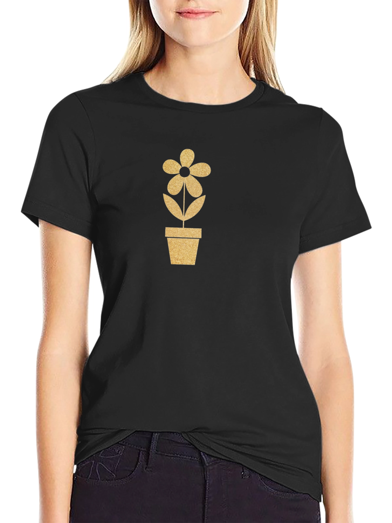 Black Golden Flower Pot Graphic Tee - Black Cotton Blend view 2