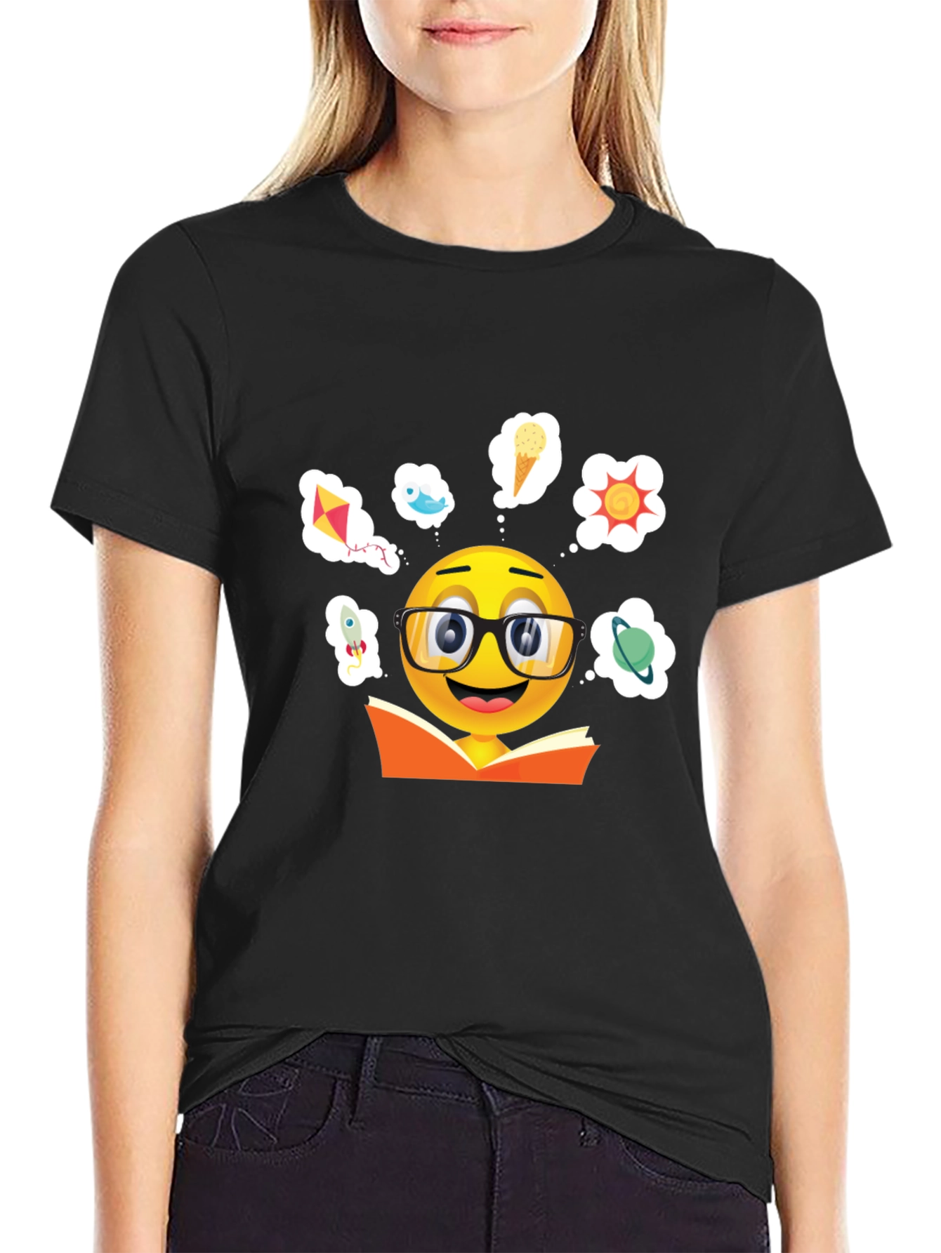 Black Bookworm Emoji Graphic T-Shirt view 2