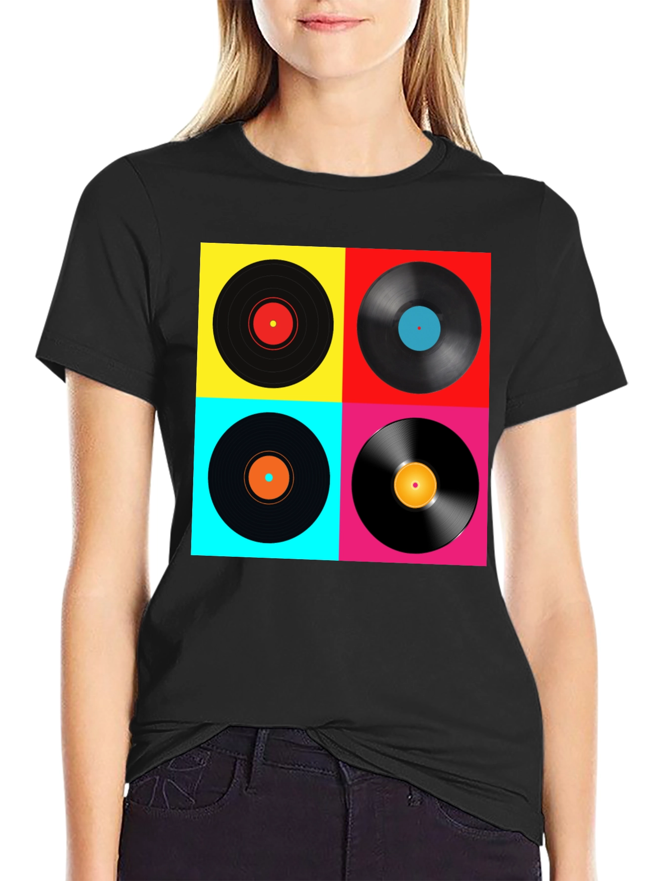 Black Retro Vinyl Record T-Shirt - Colorful Music Tee view 2