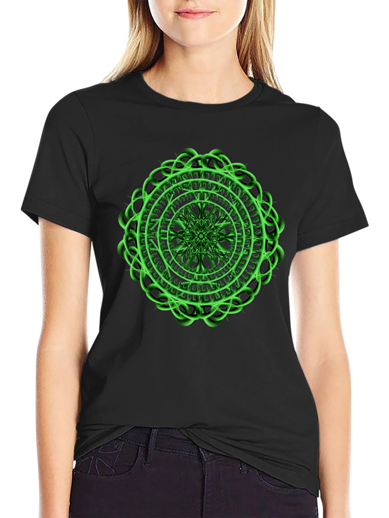 Black Men's Black T-Shirt with Green Mandala Design view 2