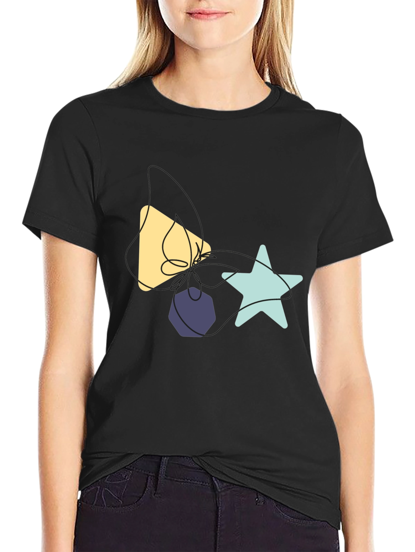 Black Abstract Shapes Graphic Tee - Black Cotton T-Shirt view 2