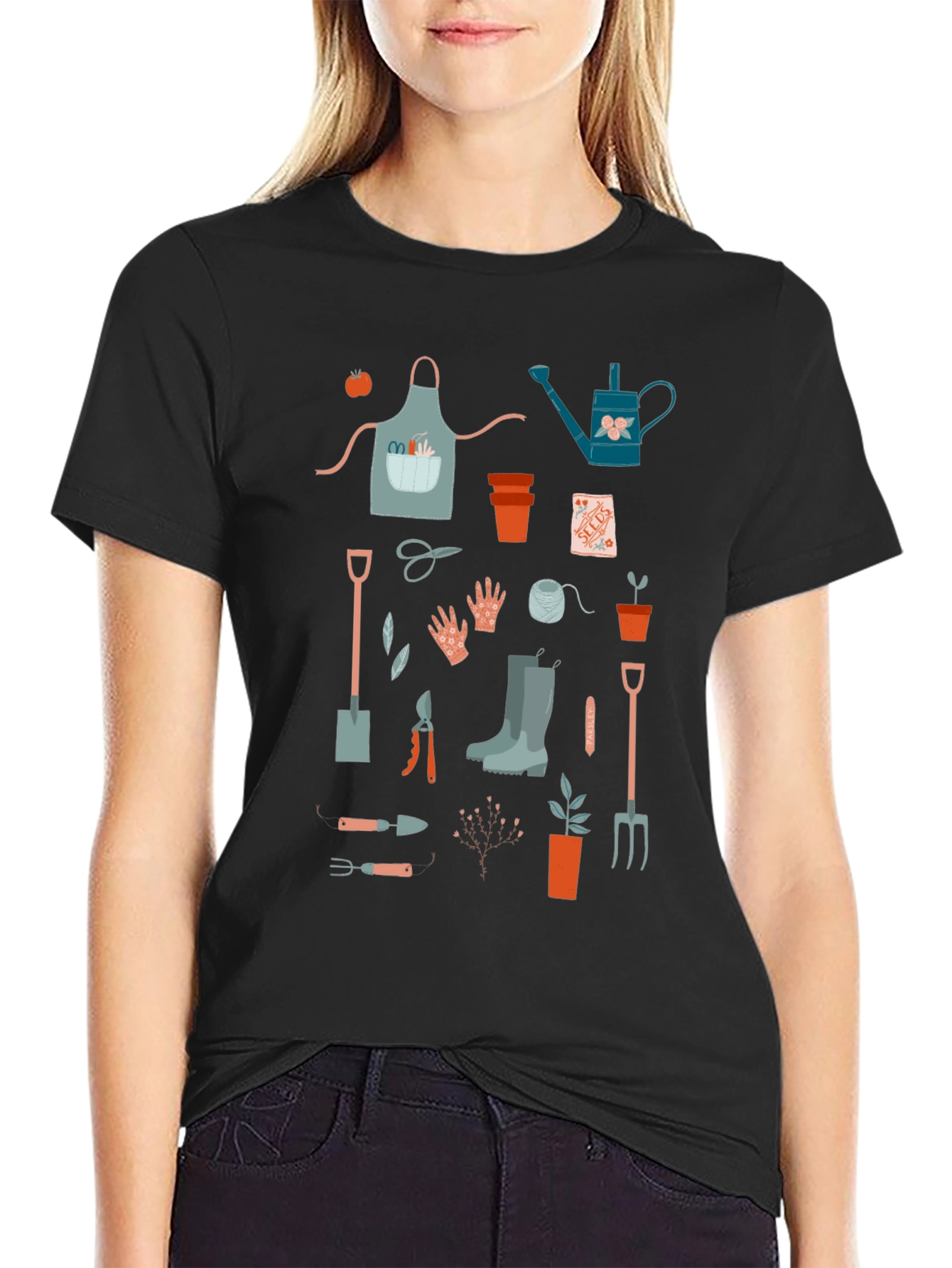 Black Gardening Tools Graphic Tee - Black Cotton T-Shirt view 2