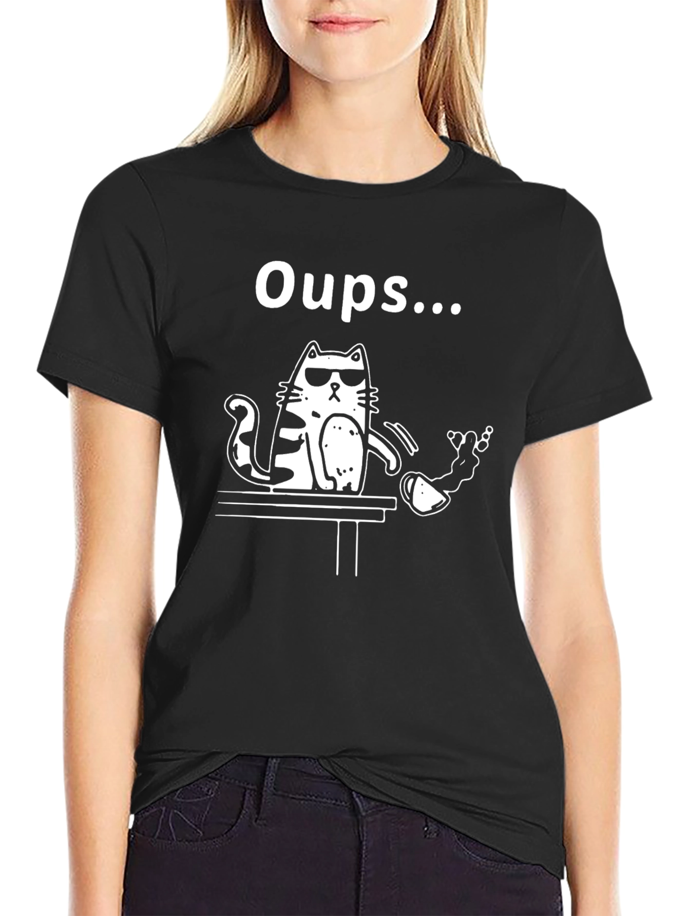 Black Oops Cat T-Shirt - Funny Graphic Tee for Cat Lovers view 2