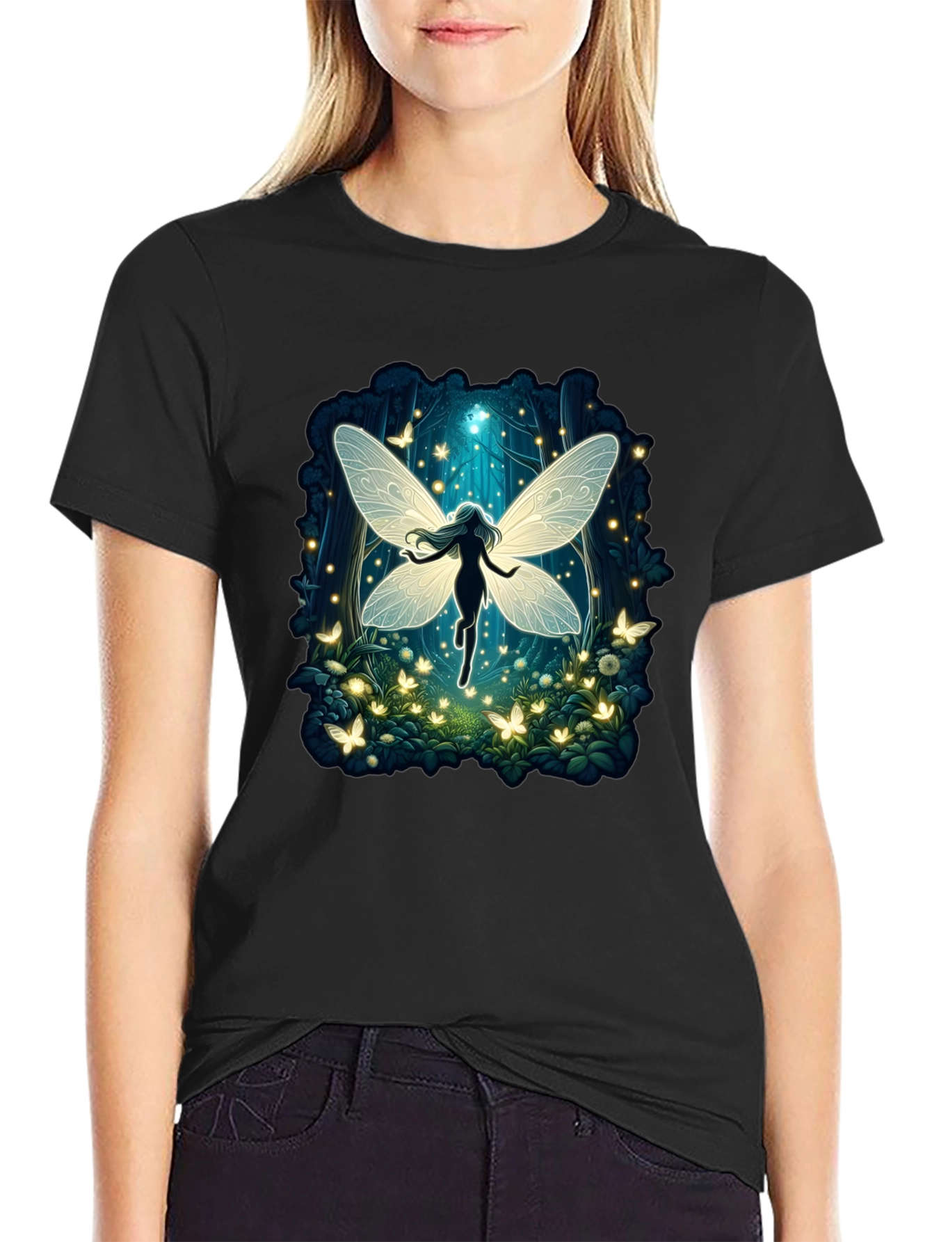 Black Fairy Tale Tee: Enchanted Forest Graphic T-Shirt view 2